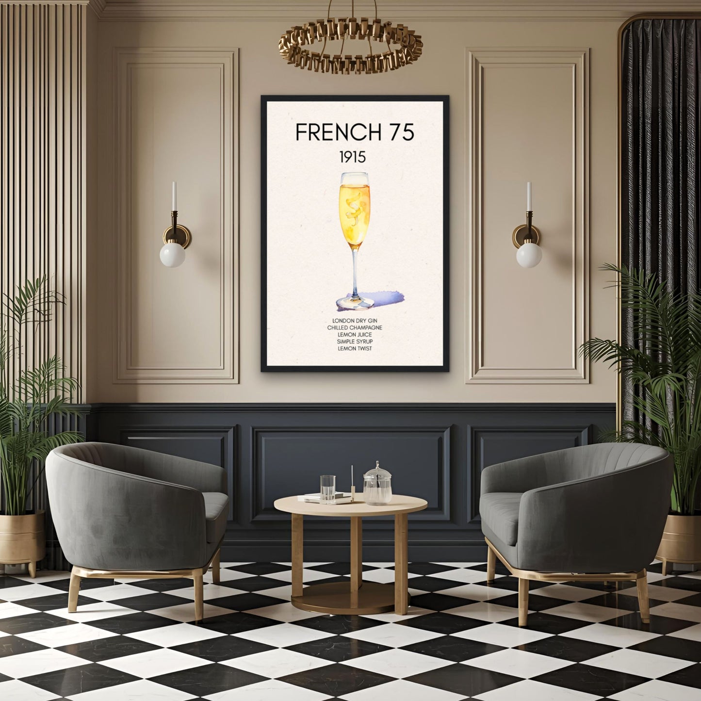 French 75 Cocktail Art Print Dark Brown Wood Frame 60x90 cm 24x36″ Framed Canvas