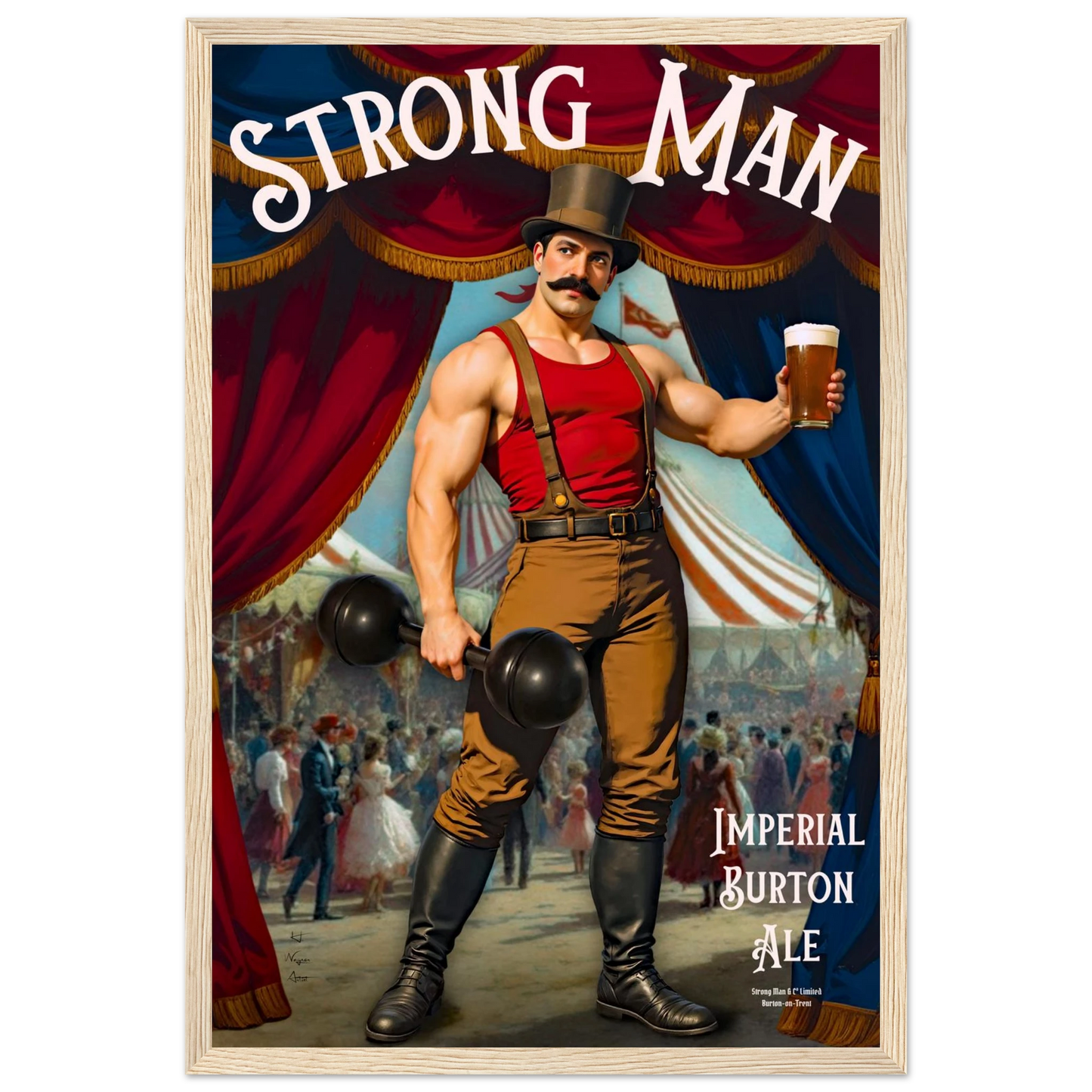 Vintage Victorian Circus Strongman Ale Art Print Light Wood Frame 30x45 cm 12x18″ Premium Matte Wooden Framed Poster