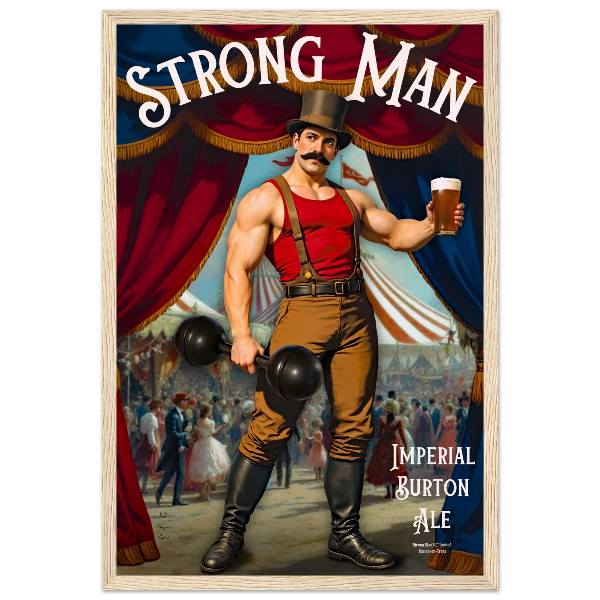 Vintage Victorian Circus Strongman Ale Art Print Light Wood Frame 30x45 cm 12x18″ Premium Matte Wooden Framed Poster