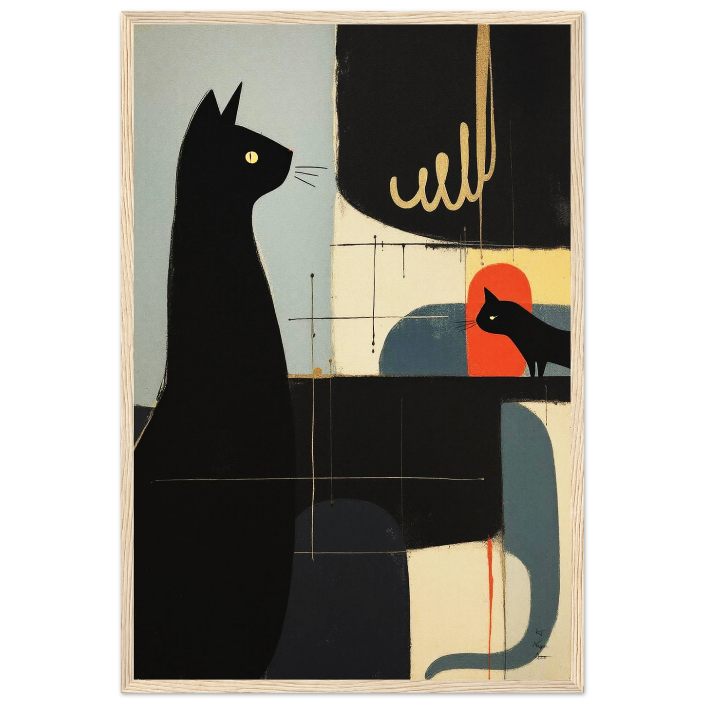 Abstract Cat & Kitten Modern Art Print Light Wood Frame 40x60 cm 16x24″ Premium Matte Framed Poster