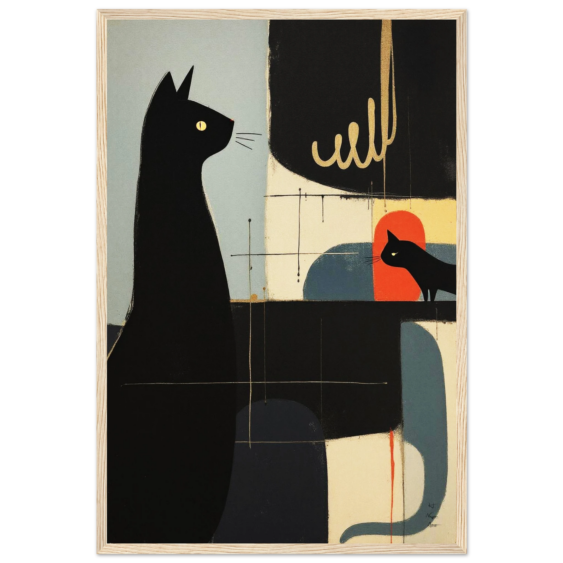 Abstract Cat & Kitten Modern Art Print Light Wood Frame 40x60 cm 16x24″ Premium Matte Framed Poster