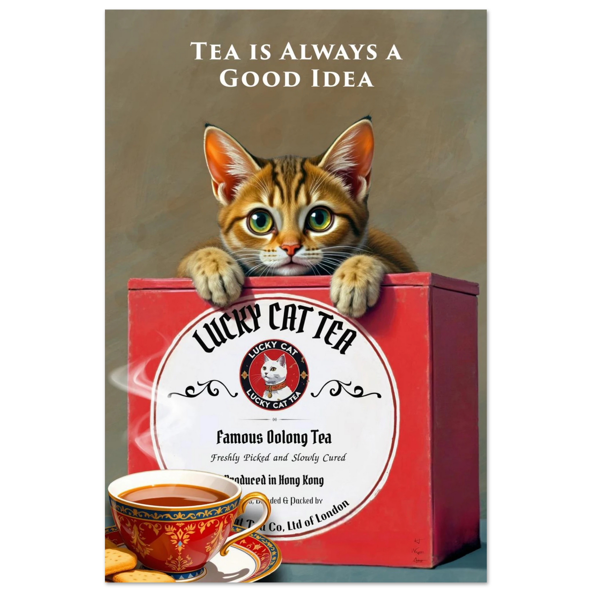 Tabby Lucky Cat Tea Vintage Kitchen Art Print No Frame 30x45 cm 12x18″ Classic Matte Paper Poster