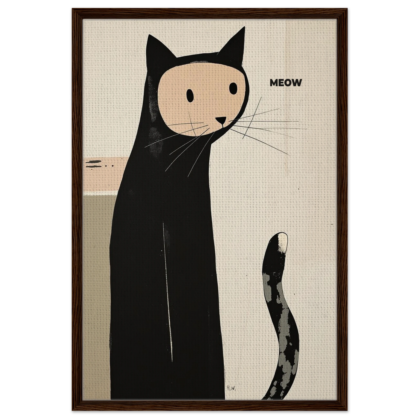 Quirky Modern Cat Art Poster Print 60x90 cm 24x36″ Framed Canvas Dark Brown Wood Frame
