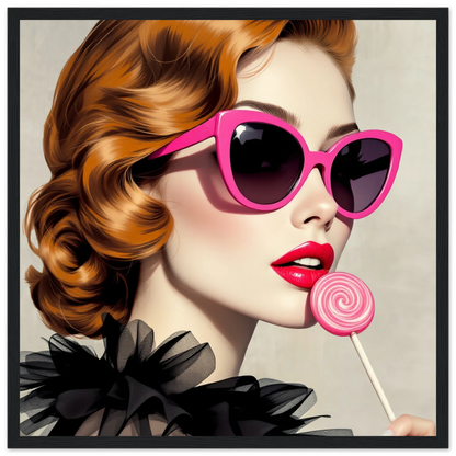 Retro Glam Fashion Model Lollipop Art Print Classic Matte Paper Wooden Framed Poster 40x40 cm 16x16″