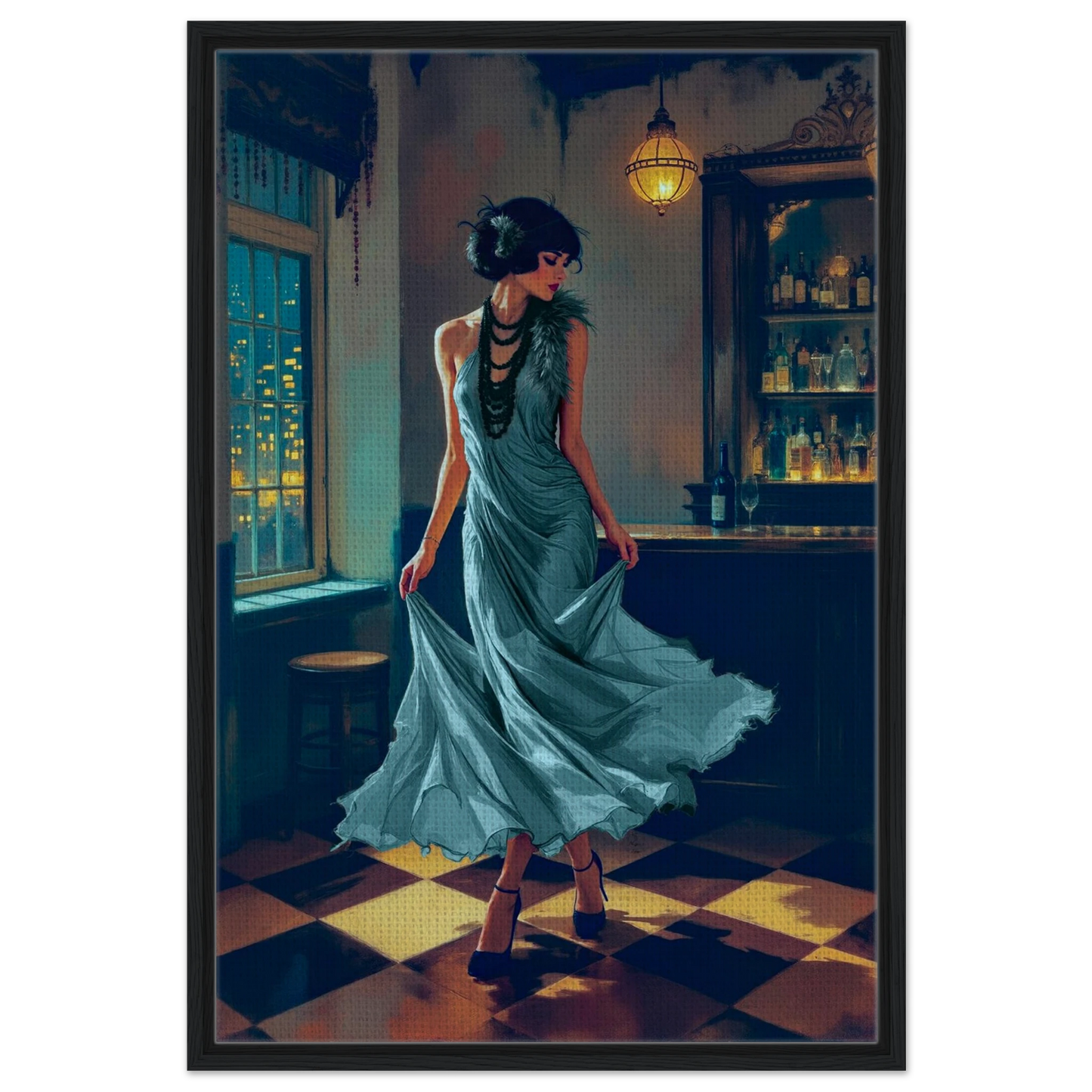 1920s Flapper Speakeasy Art Print 60x90 cm 24x36″ Framed Canvas Black Wood Frame