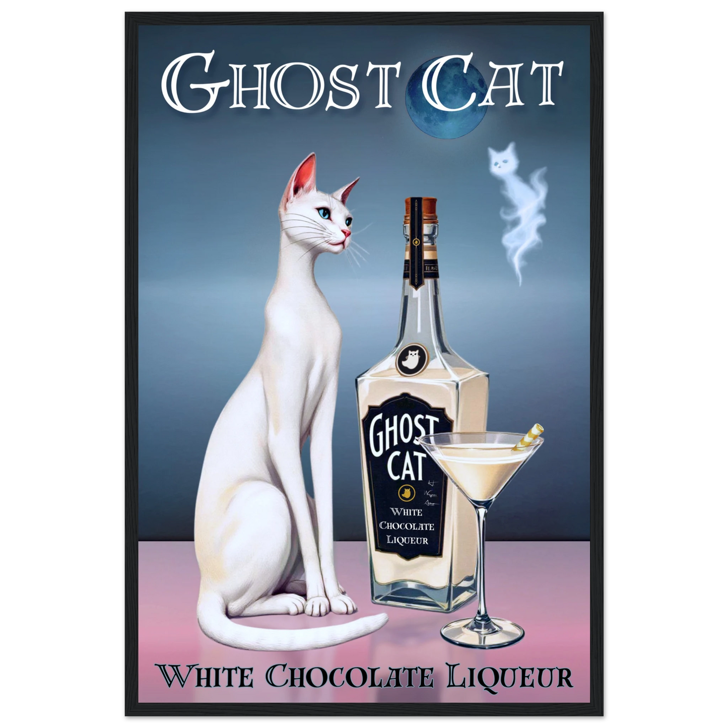 White Cat Martini Cocktail Bar Art Print 40x60 cm 16x24″ Premium Matte Paper Wooden Framed Poster Black Wood frame
