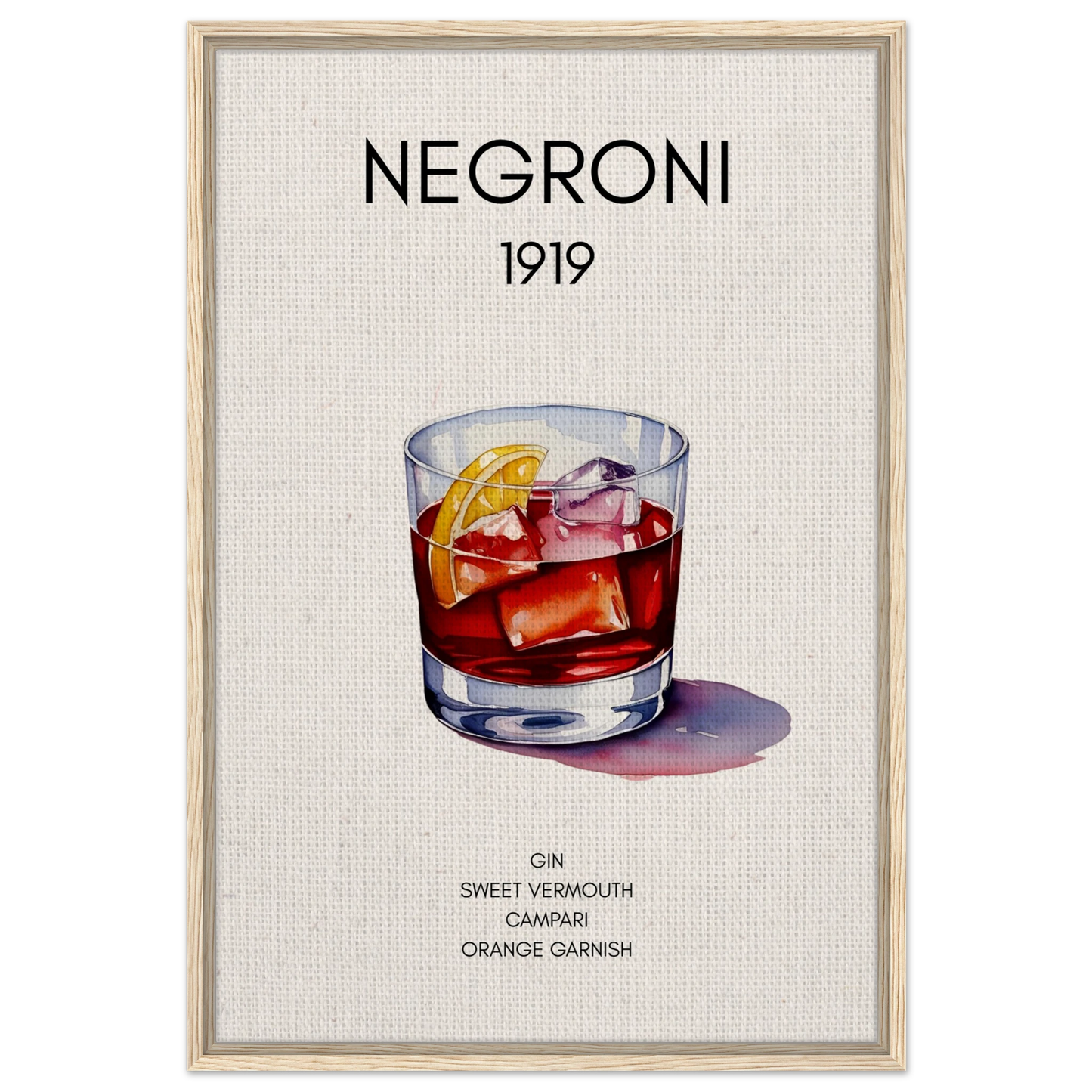 Negroni Cocktail Bar Poster Print Light Wood Frame 60x90 cm 24x36″ Framed Canvas
