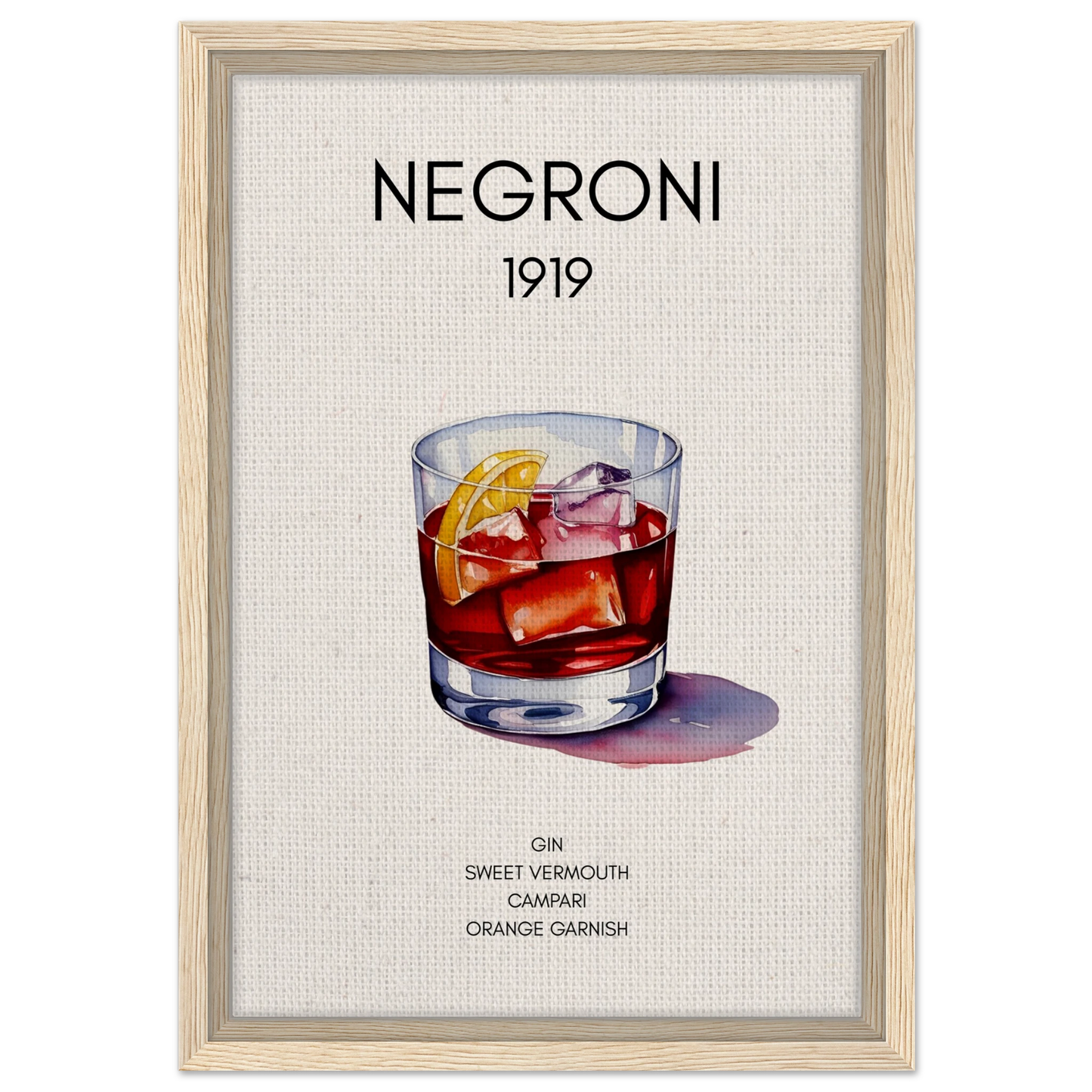 Negroni Cocktail Bar Poster Print Light Wood Frame 30x45 cm 12x18″ Framed Canvas