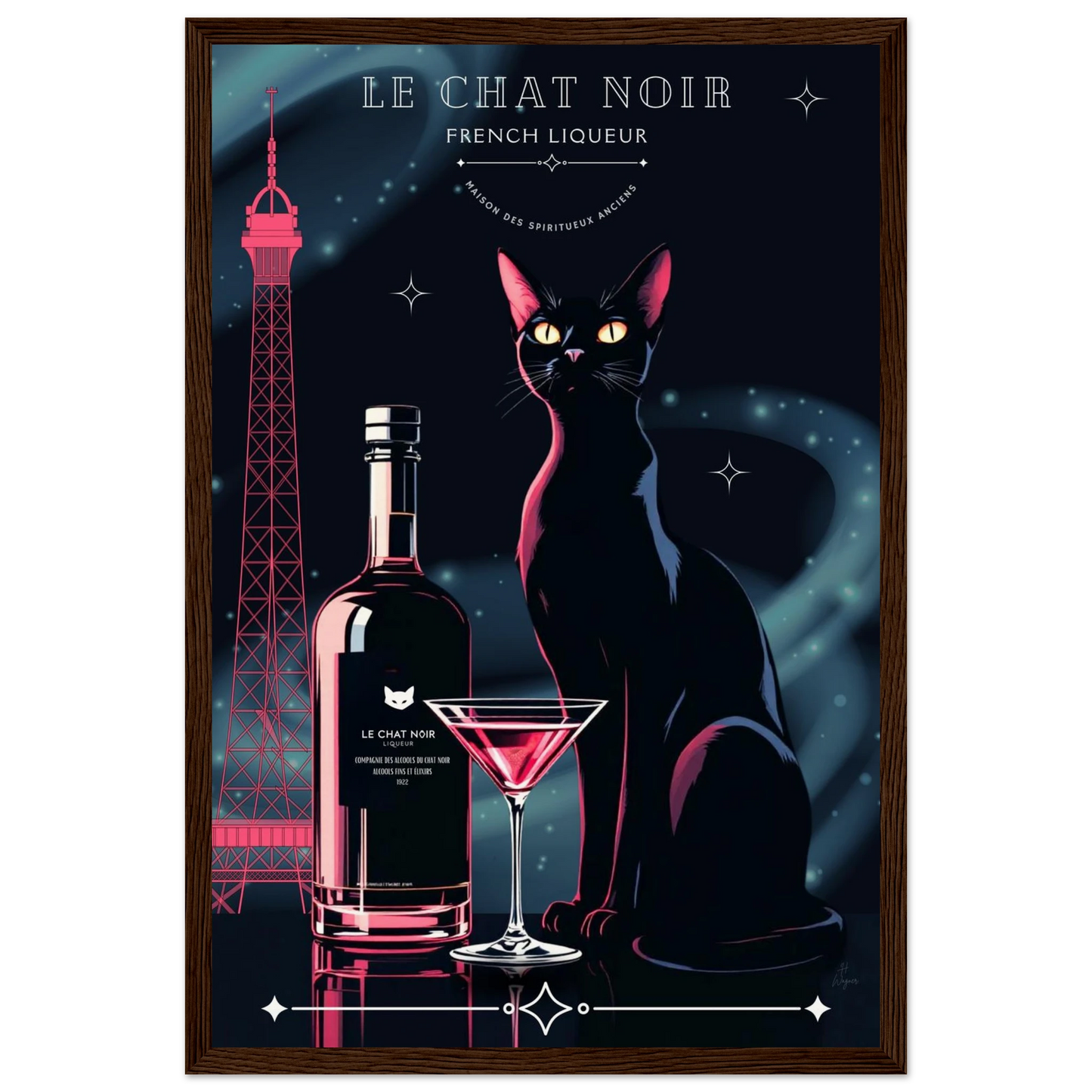 Art Deco Le Chat Noir French Black Cat Art Print 30x45 cm 12x18″ Museum-Quality Matte Paper Wooden Framed Poster Dark wood frame