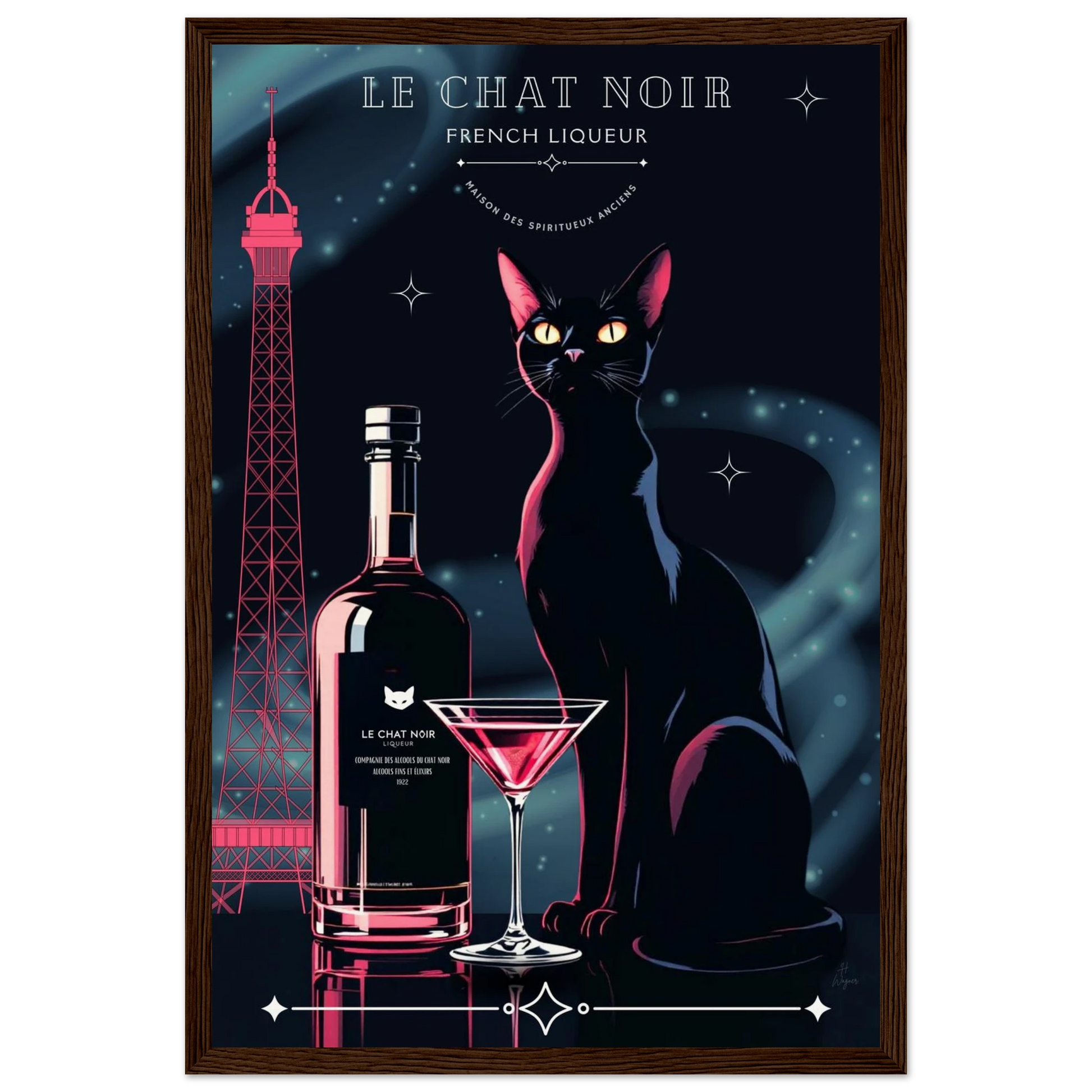 Art Deco Le Chat Noir French Black Cat Art Print 30x45 cm 12x18″ Museum-Quality Matte Paper Wooden Framed Poster Dark wood frame