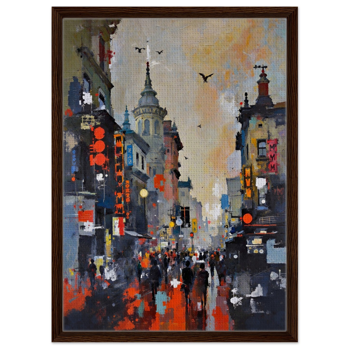 Gothic City Street Art Print - European Cityscape 50x70 cm 20x28″ Framed Canvas - Dark Brown Wood