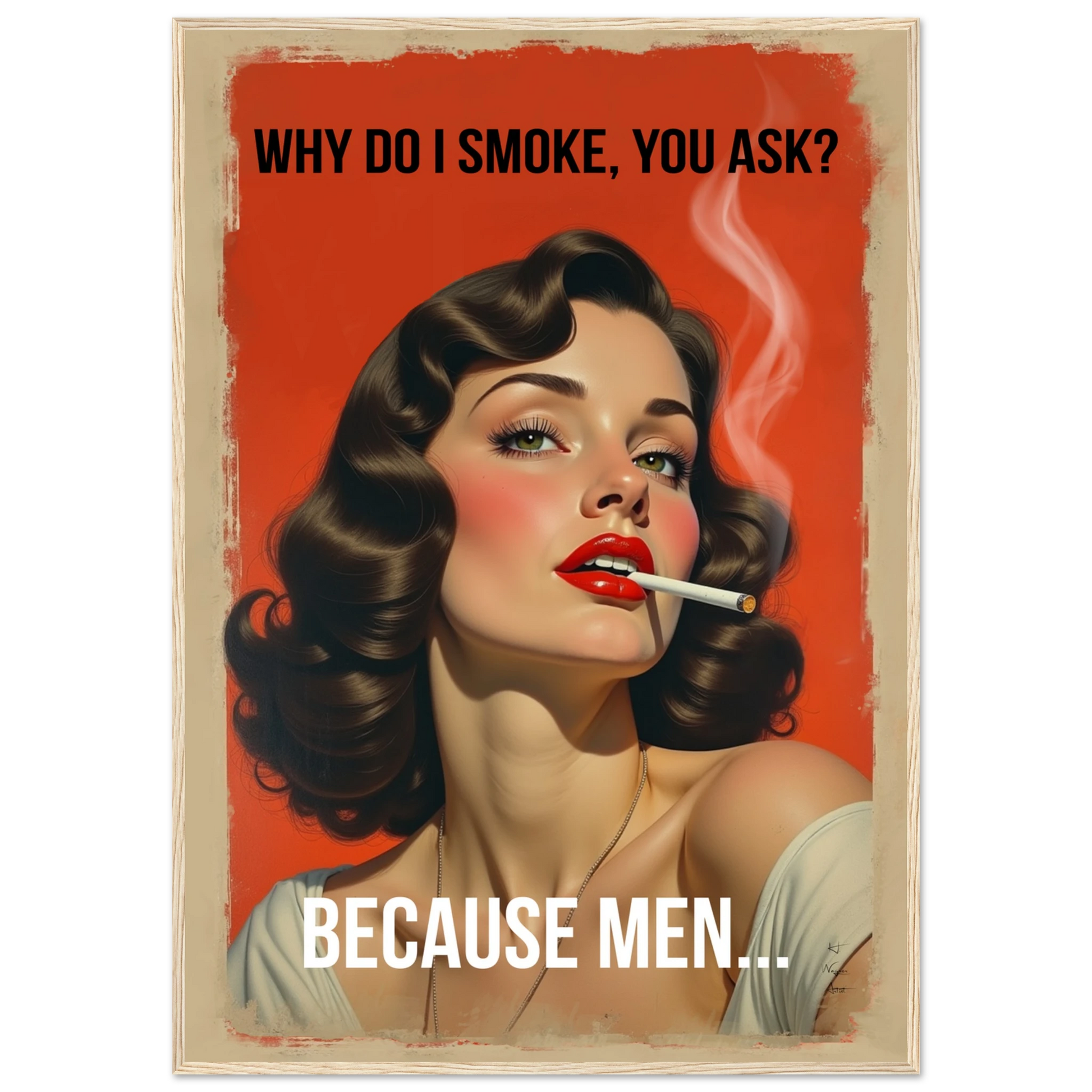 Retro Smoking Pin-Up Girl Art Print Light Wood Frame 70x100 cm 28x40″ Classic Matte Paper Wooden Framed Poster