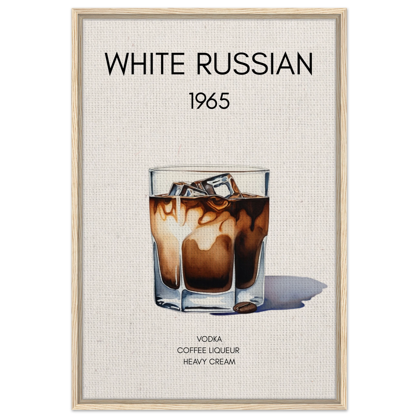 White Russian Cocktail Bar Art Poster Print Light Wood Frame 60x90 cm 24x36″ Framed Canvas