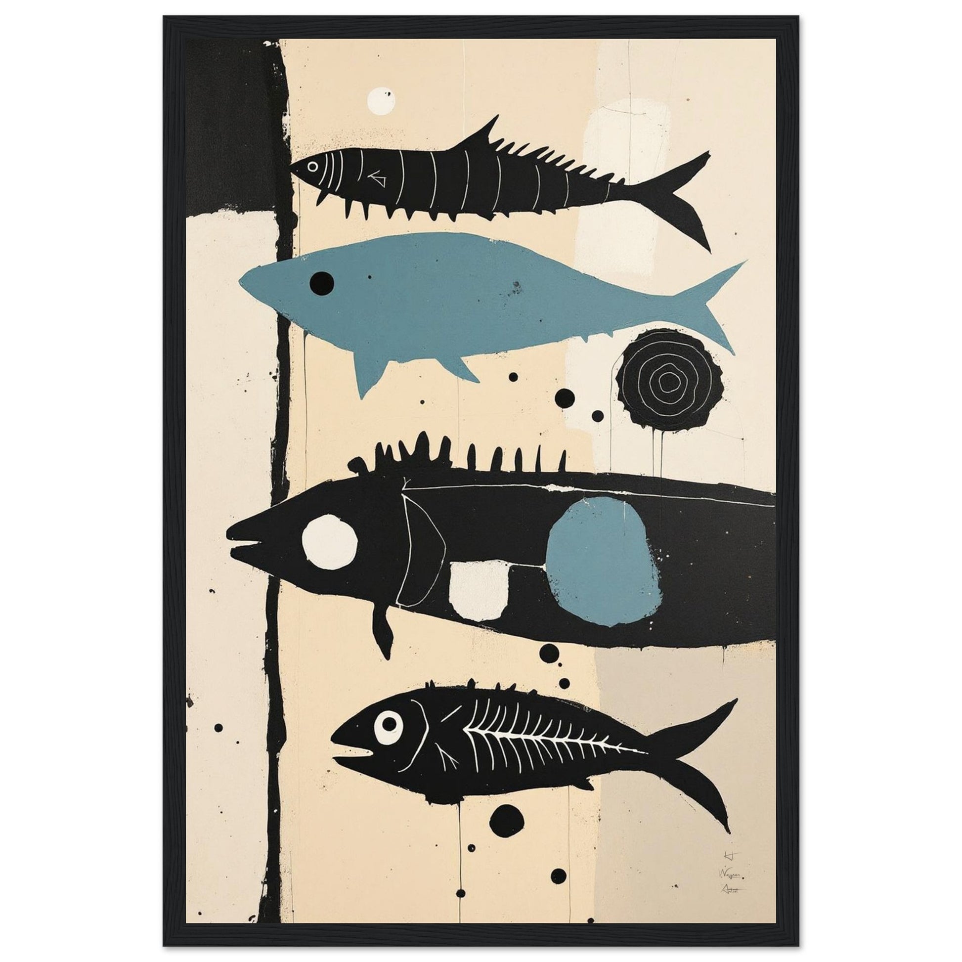 Mid-Century Modern Fish Art Poster Print – Framed Abstract Neutral Wall Decor Black Wood Frame 30x45 cm 12x18″ Premium Matte Wooden Framed Poster