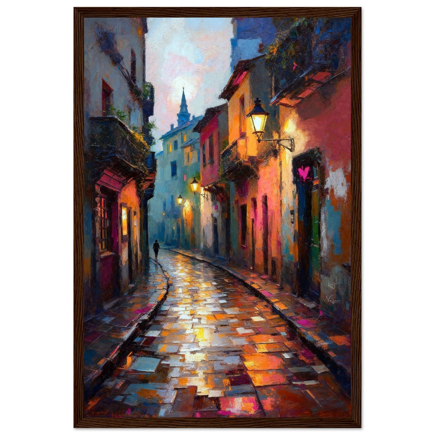 Old Europe Romantic Street Art Print 30x45 cm 12x18″ Classic Matte Framed Poster Dark Brown Wood
