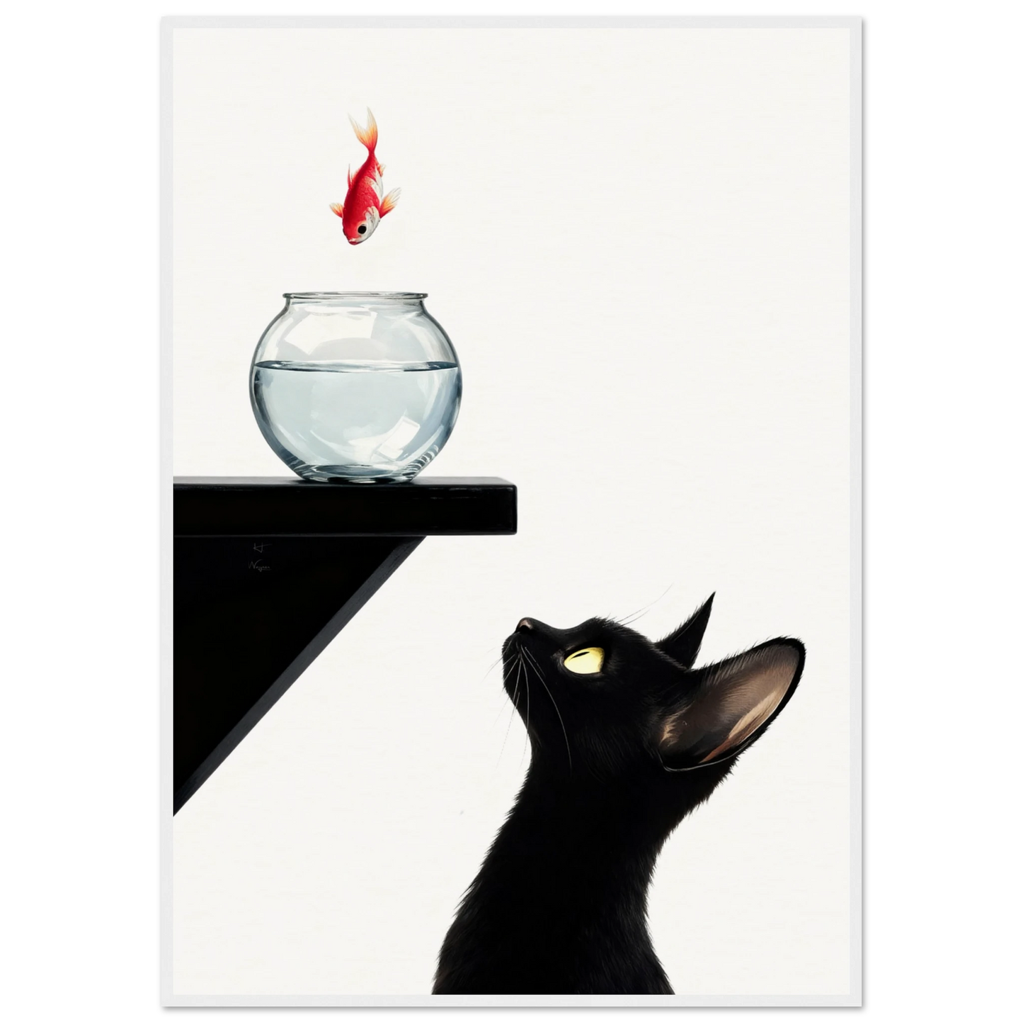 Curious Black Cat Goldfish Minimalist Art Print 70x100 cm 28x40″ Museum-Quality Matte Framed Poster - White Wood
