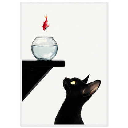 Curious Black Cat Goldfish Minimalist Art Print 70x100 cm 28x40″ Museum-Quality Matte Framed Poster - White Wood