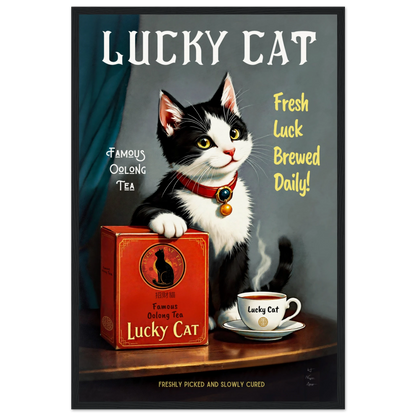 Lucky Tuxedo Cat Tea Kitchen Art Print 40x60 cm 16x24″ Museum-Quality Matte Framed Poster Black Wood frame