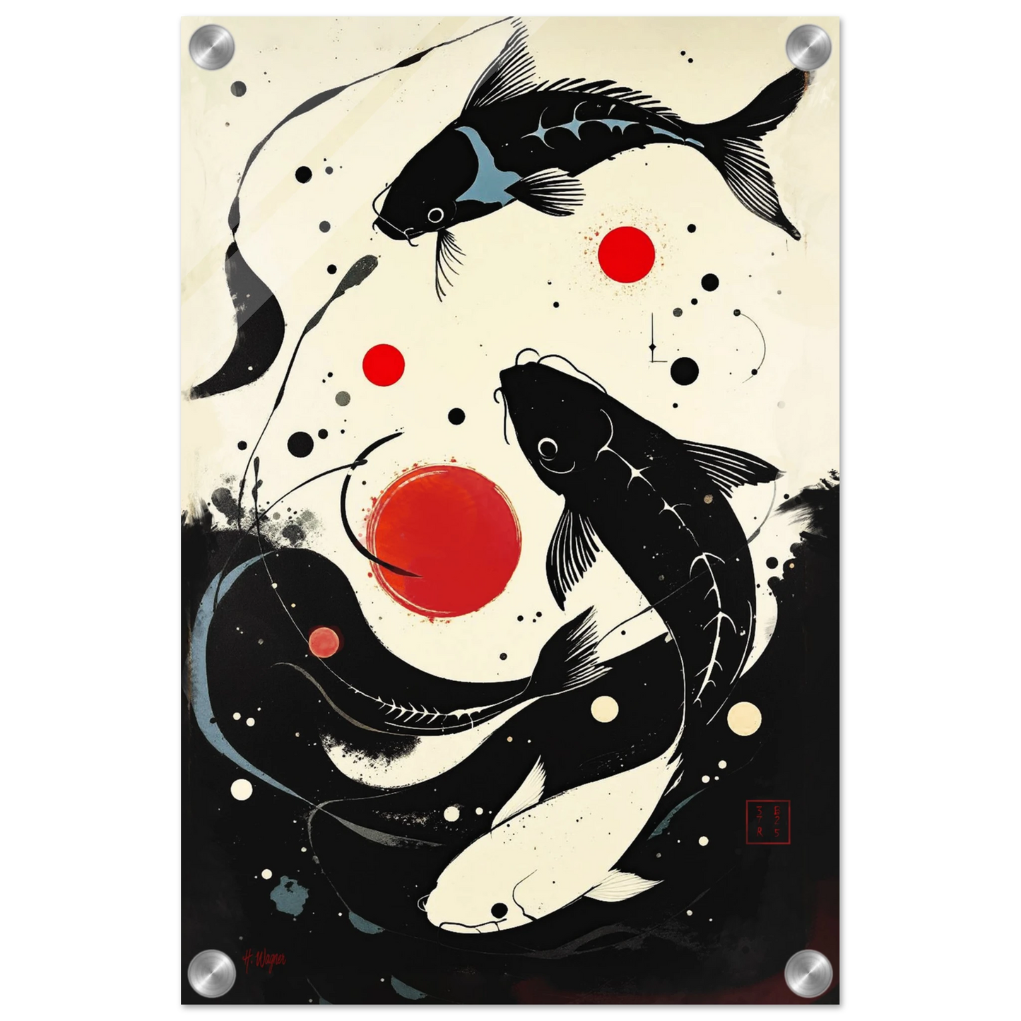 Mid-Century Modern Koi Fish Art Poster Print – Framed Abstract Black White Wall Décor 30x45 cm 12x18″ Sleek Acrylic Print No Frame
