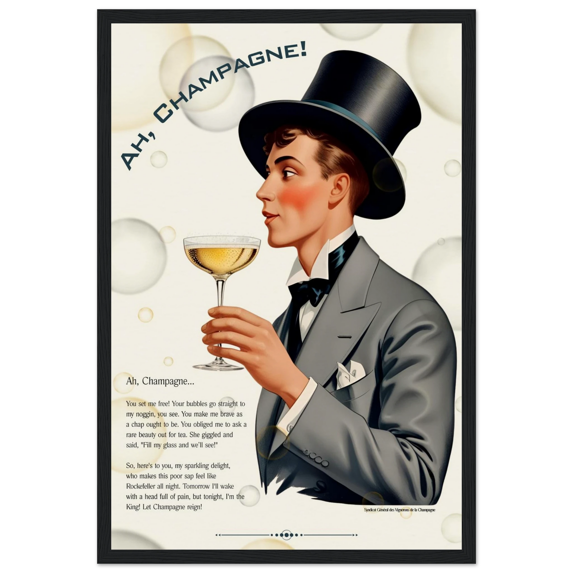 Art Deco Champagne Funny Poem Art Print 30x45 cm 12x18″ Museum-Quality Matte Paper Wooden Framed Poster Black frame