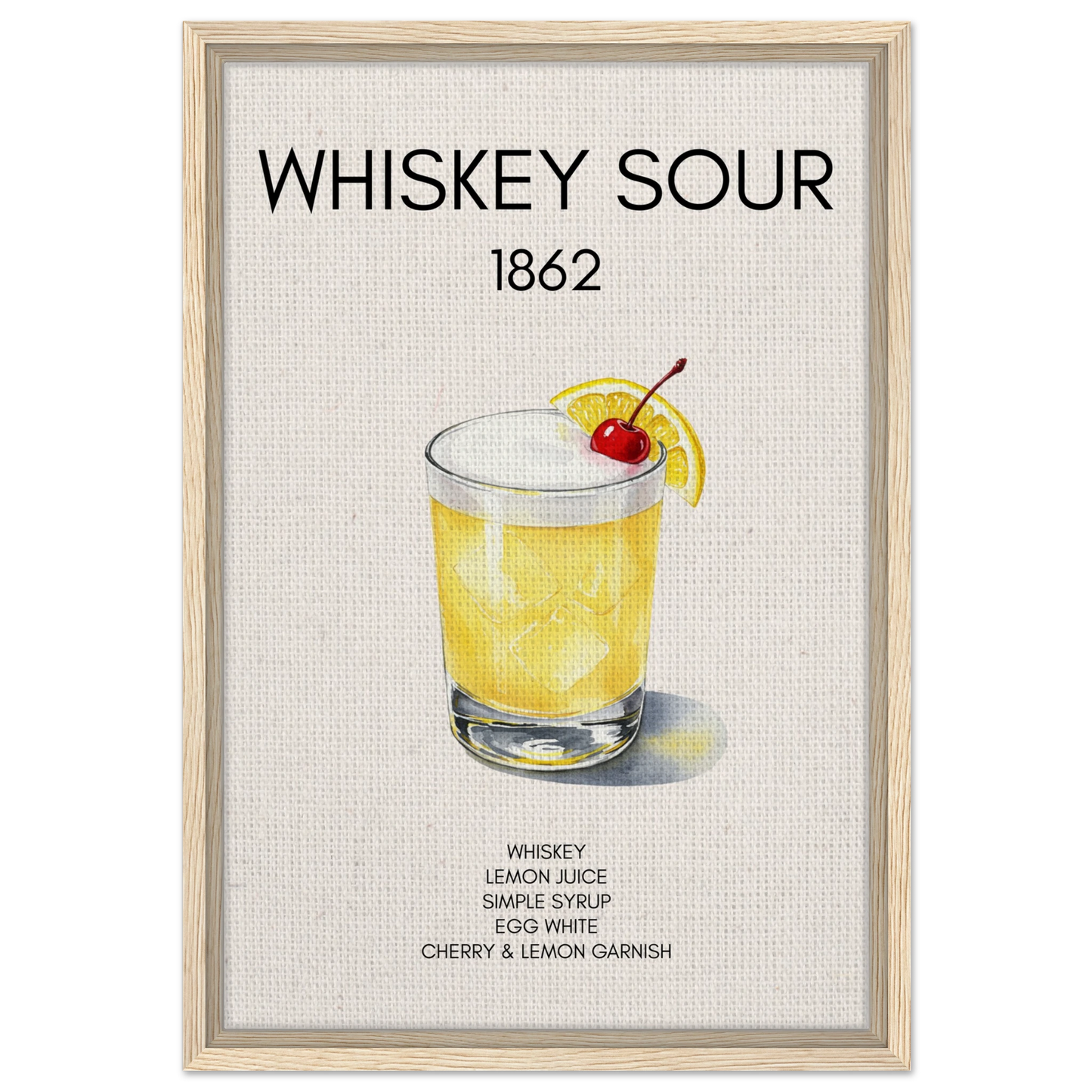 Whiskey Sour Cocktail Bar Poster Print Light Wood Frame 40x60 cm 16x24″ Framed Canvas