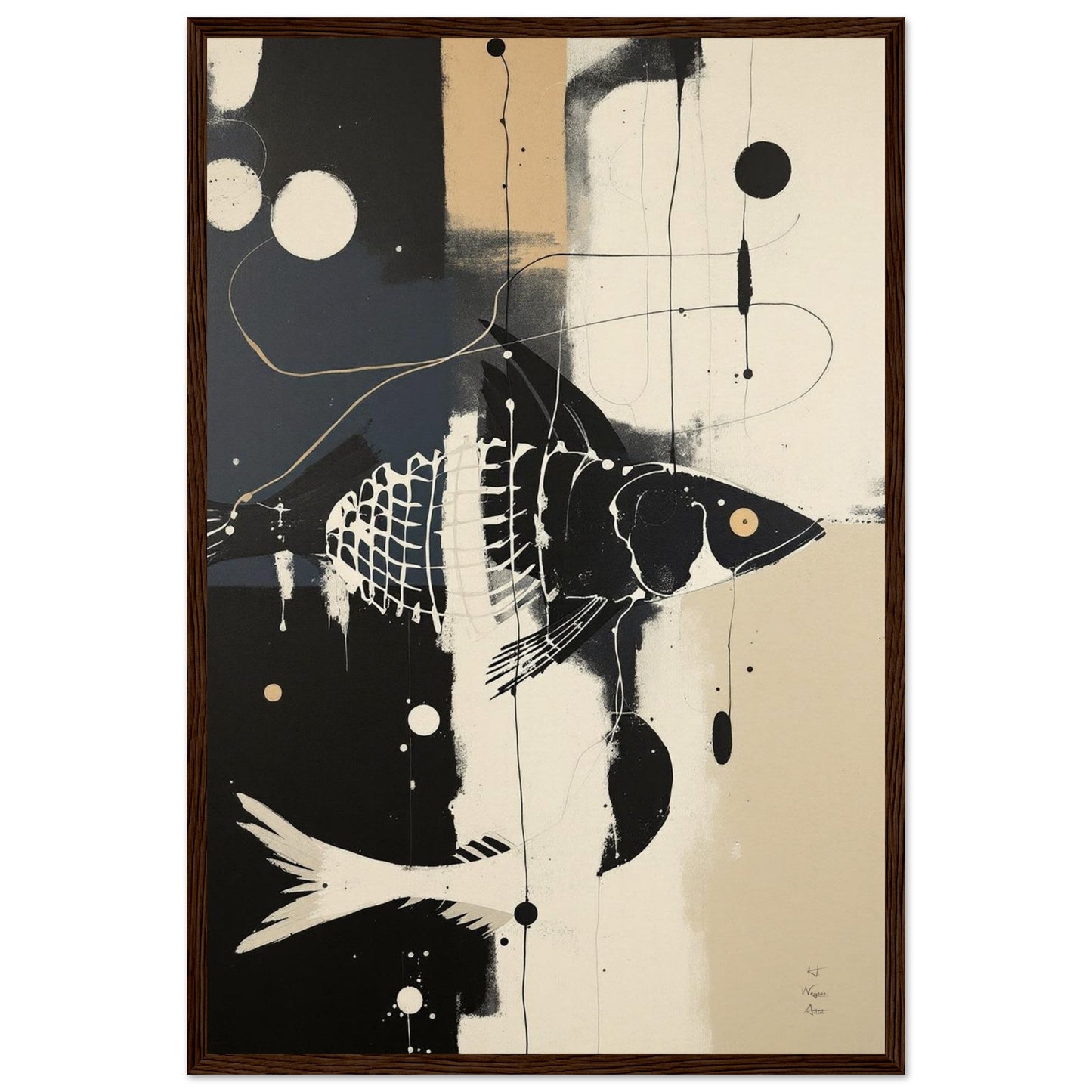 Abstract Fish Art Poster Print – Framed Modern Neutral Wall Décor Dark Brown Wood Frame 40x60 cm 16x24″ Museum-Quality Matte Framed Poster