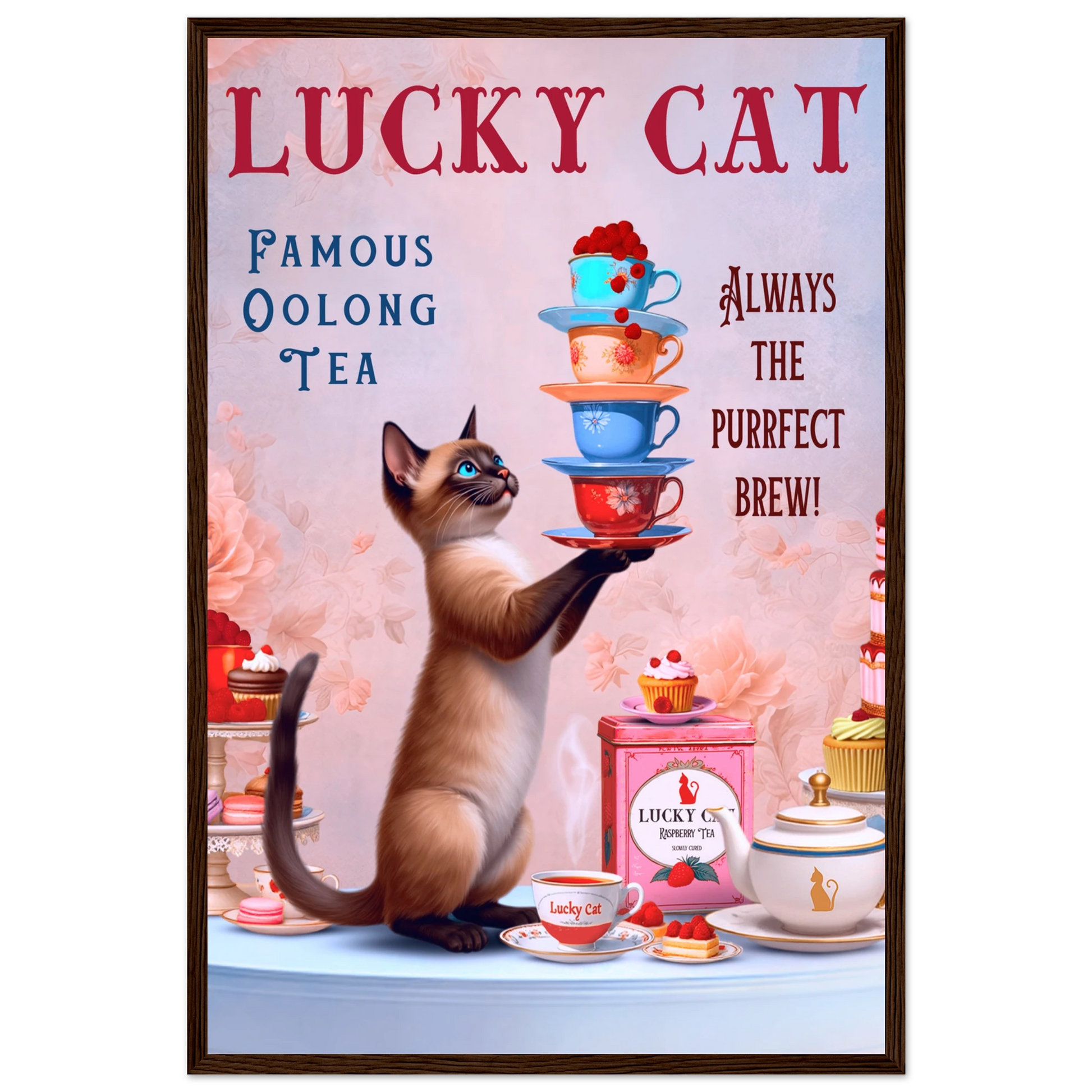 Siamese Lucky Cat Vintage Tea Art Print 40x60 cm 16x24″ Premium Matte Paper Wooden Framed Poster Dark Brown Wood Frame