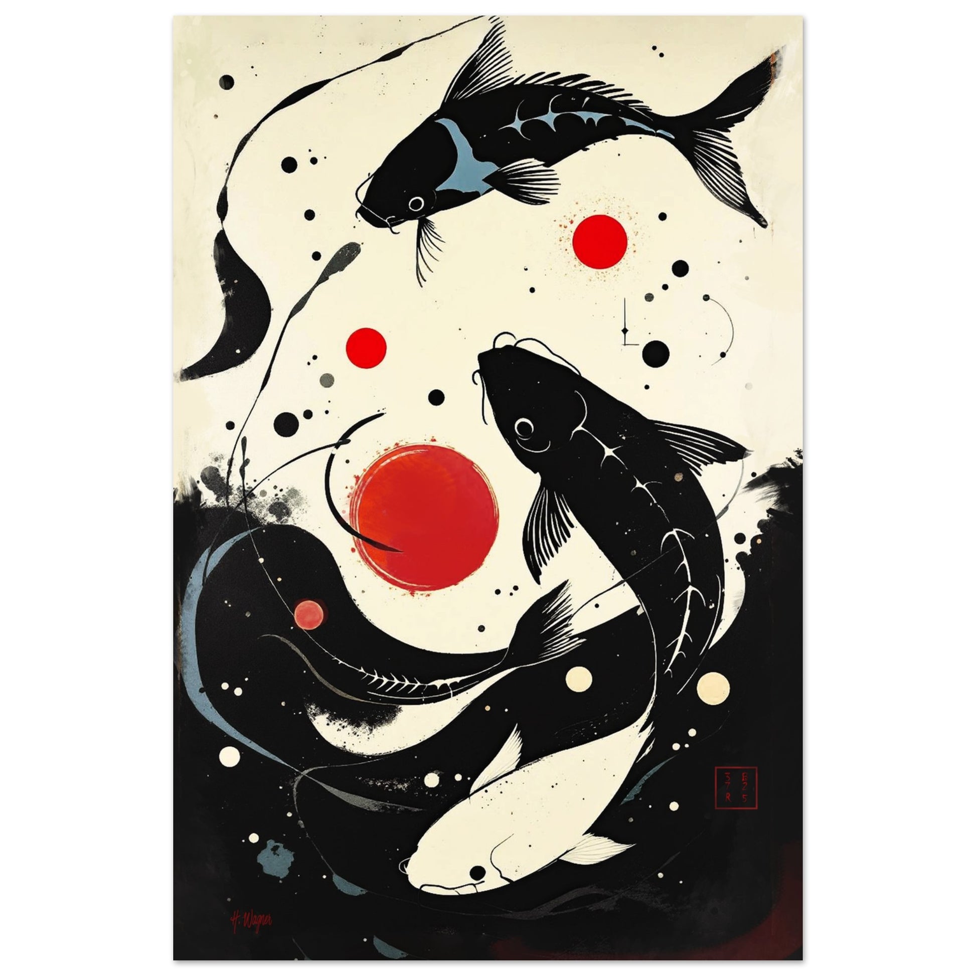 Mid-Century Modern Koi Fish Art Poster Print – Framed Abstract Black White Wall Décor 30x45 cm 12x18″ Classic Matte Paper Poster No Frame