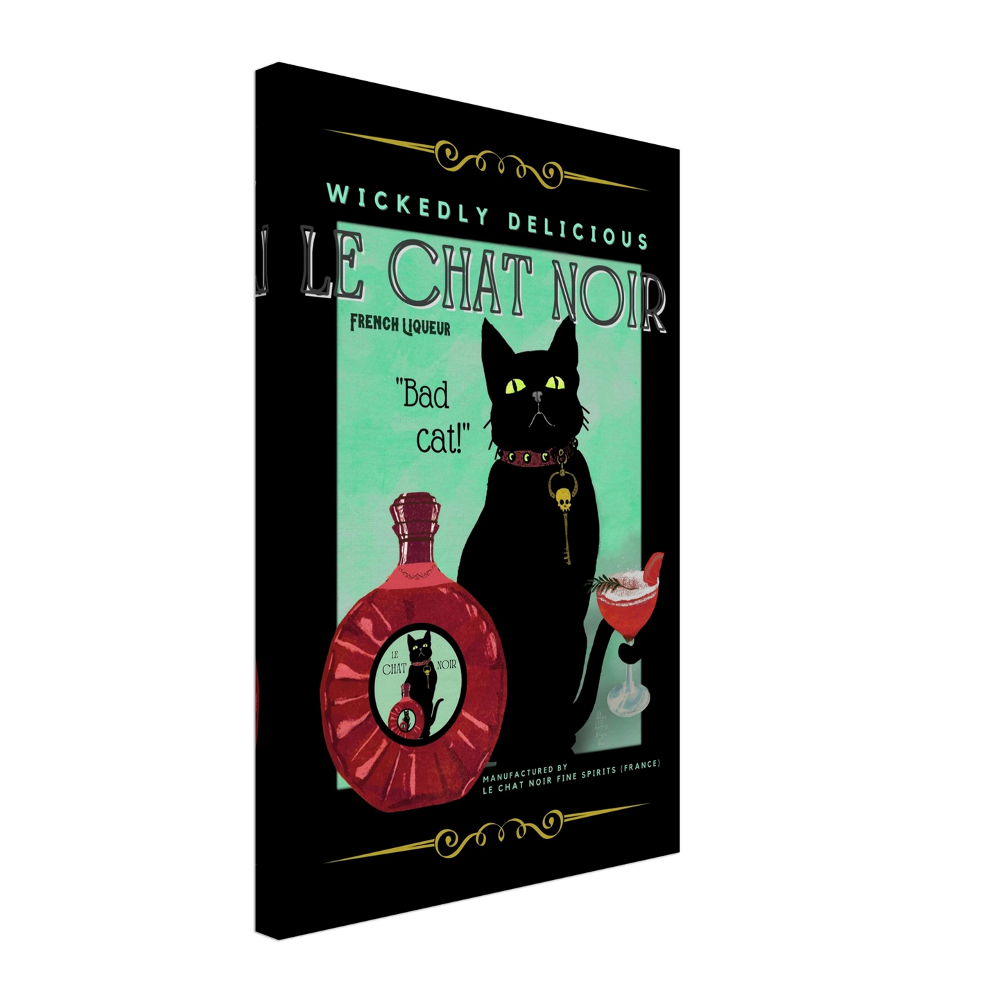 Black Cat Cocktail French Art Deco Print 40x60 cm 16x24″ Gallery Wrapped Canvas No Frame
