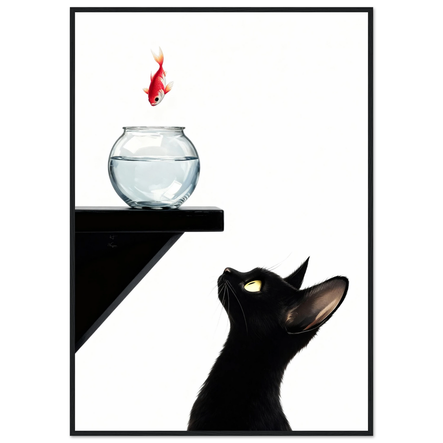 Curious Black Cat Goldfish Minimalist Art Print 70x100 cm 28x40″ Premium Matte Framed Poster - Black Wood