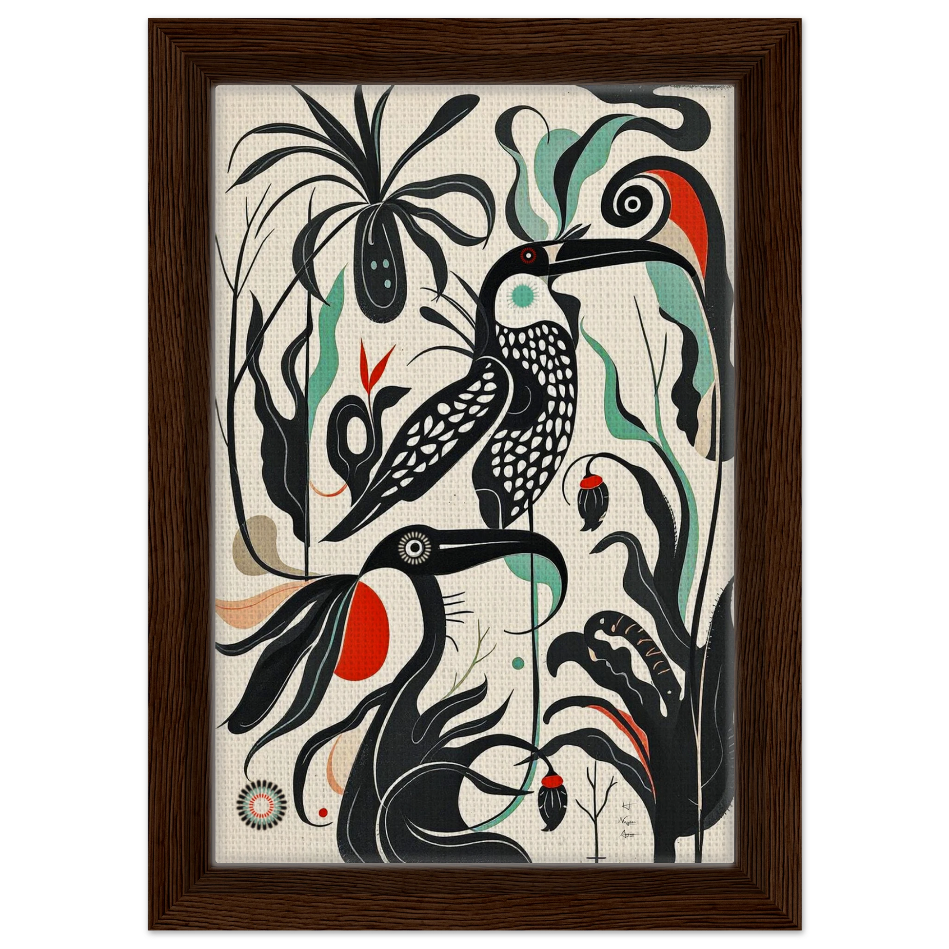 Mid-Century Modern Tropical Bird Art Print Dark Brown Wood Frame 20x30 cm 8x12″ Framed Canvas