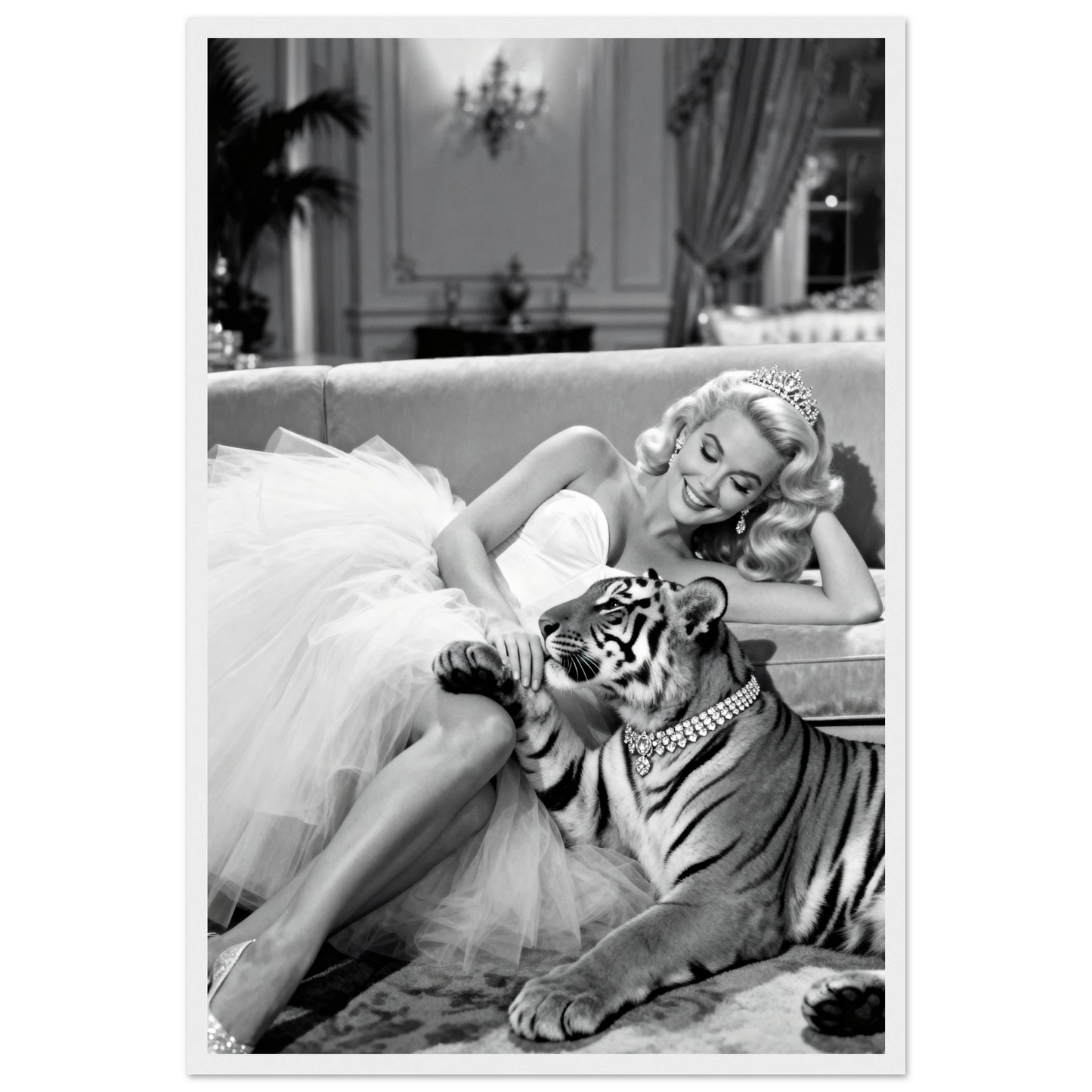 Vintage Hollywood Starlet Tiger Art Print 40x60 cm 16x24″ Premium Matte Framed Poster - White Wood