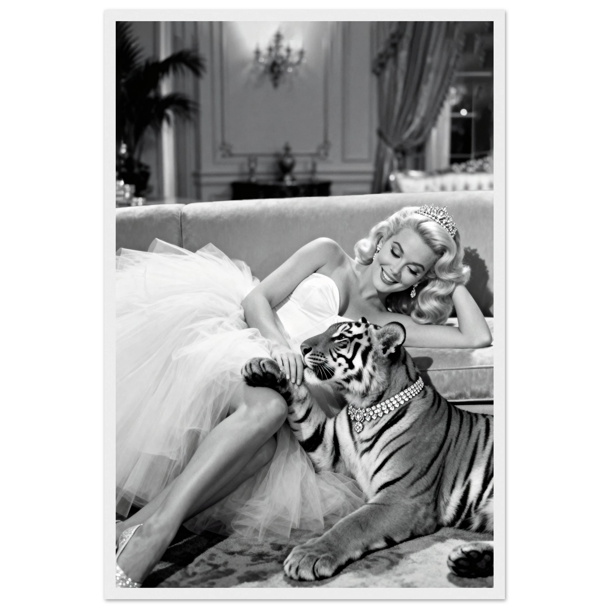 Vintage Hollywood Starlet Tiger Art Print 40x60 cm 16x24″ Premium Matte Framed Poster - White Wood