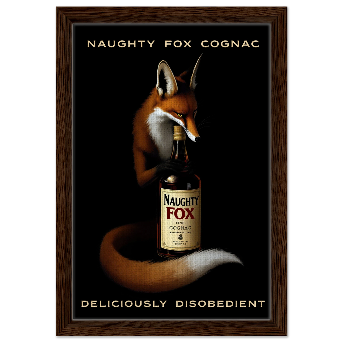 Fox Cognac Cocktail Bar Art Print Dark Brown Wood Frame 30x45 cm 12x18″ Framed Canvas