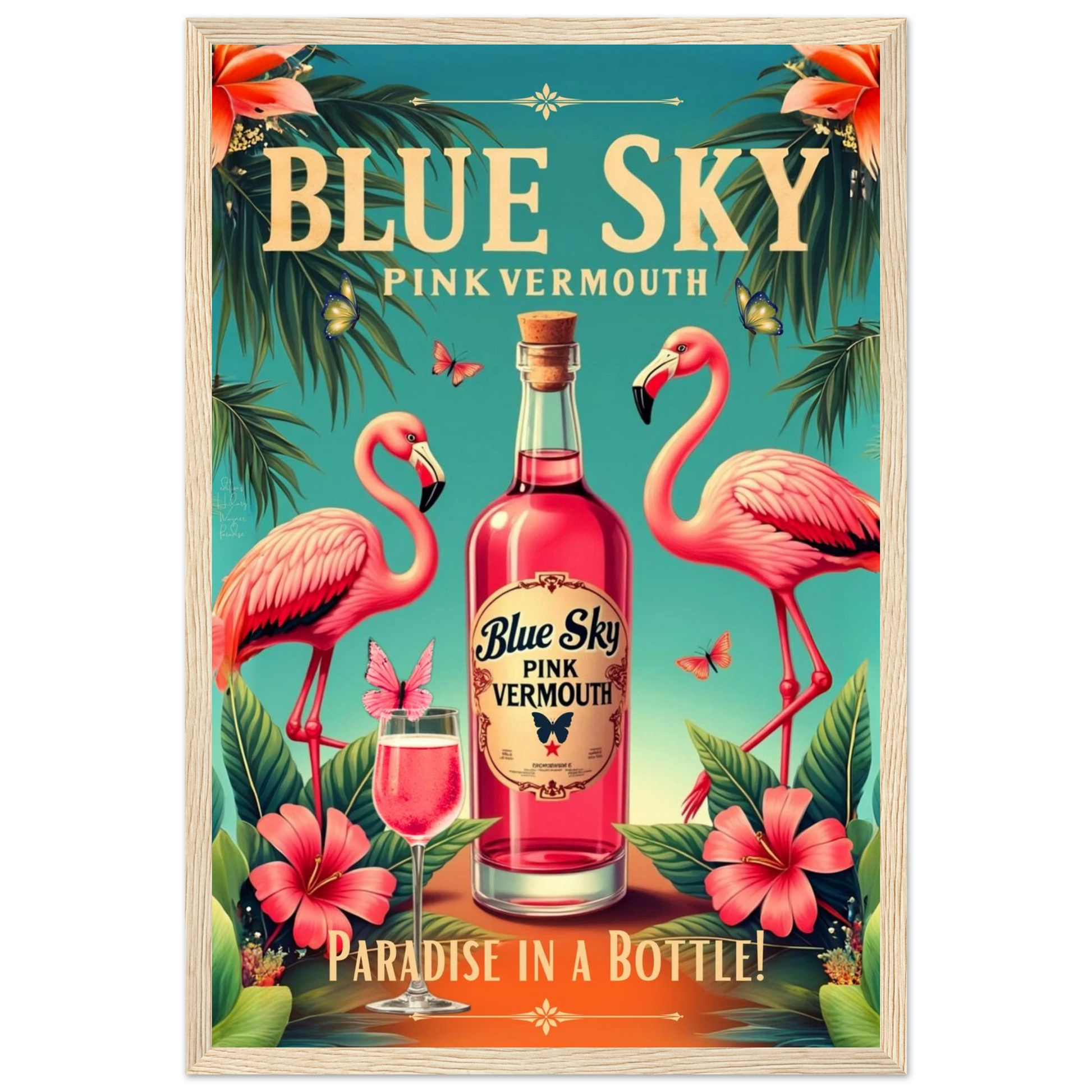 Vintage Pink Flamingo Tiki Bar Art Print 30x45 cm 12x18″ Premium Matte Paper Wooden Framed Poster Light Wood Frame