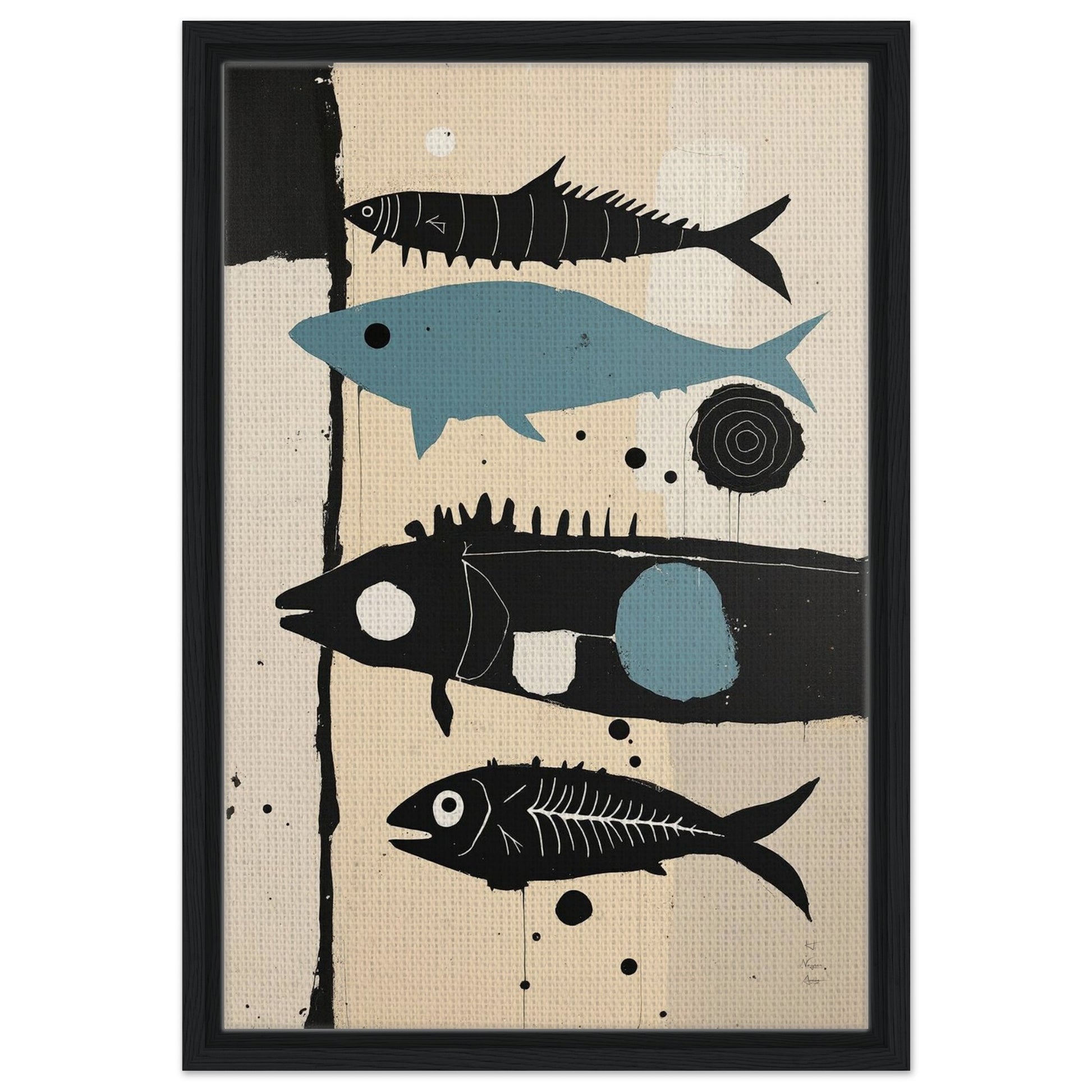 Mid-Century Modern Fish Art Poster Print – Framed Abstract Neutral Wall Decor Black Wood Frame 40x60 cm 16x24″ Framed Canvas