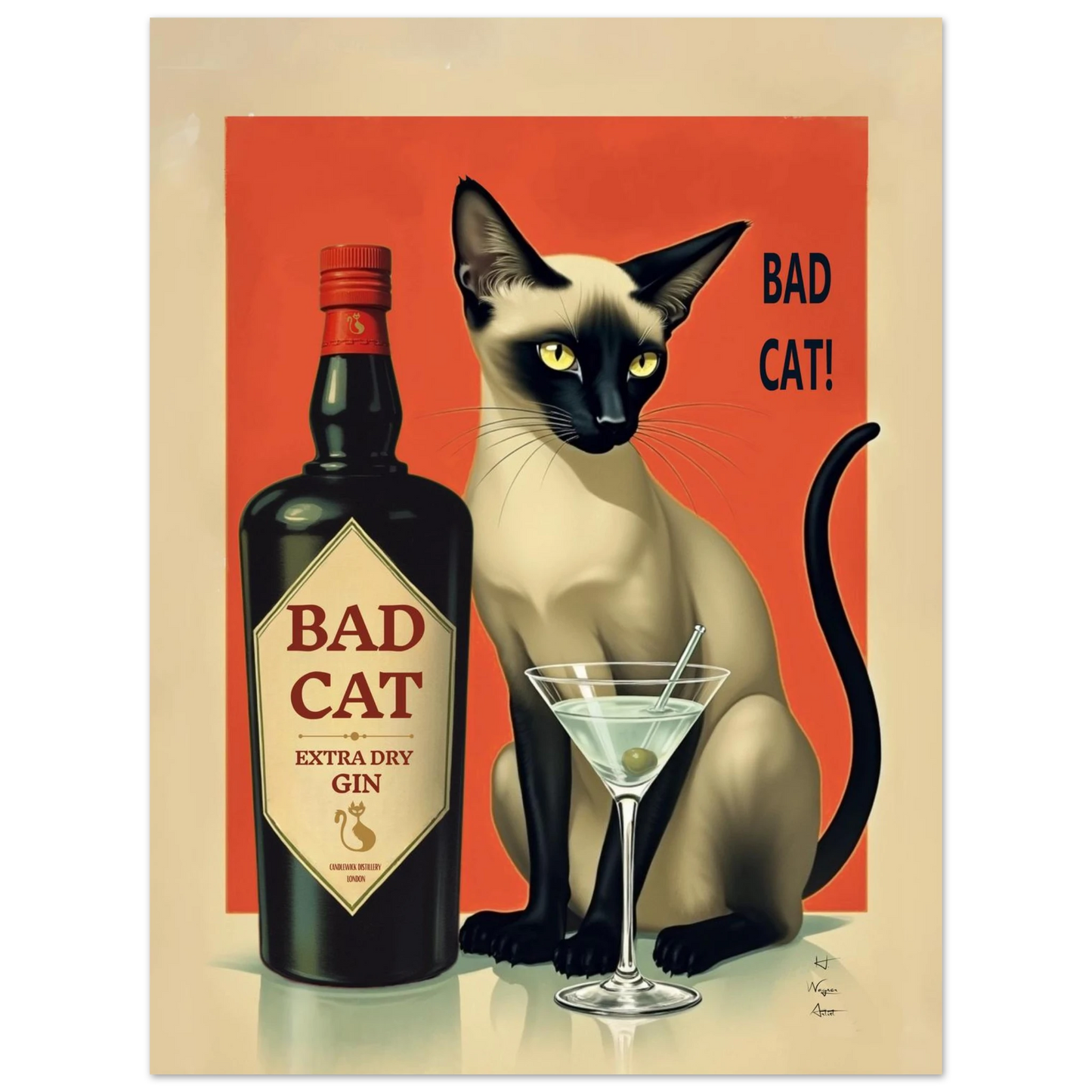 Siamese Cat Gin Martini Cocktail Art Print 60x80 cm 24x32″ Classic Matte Paper Poster No Frame