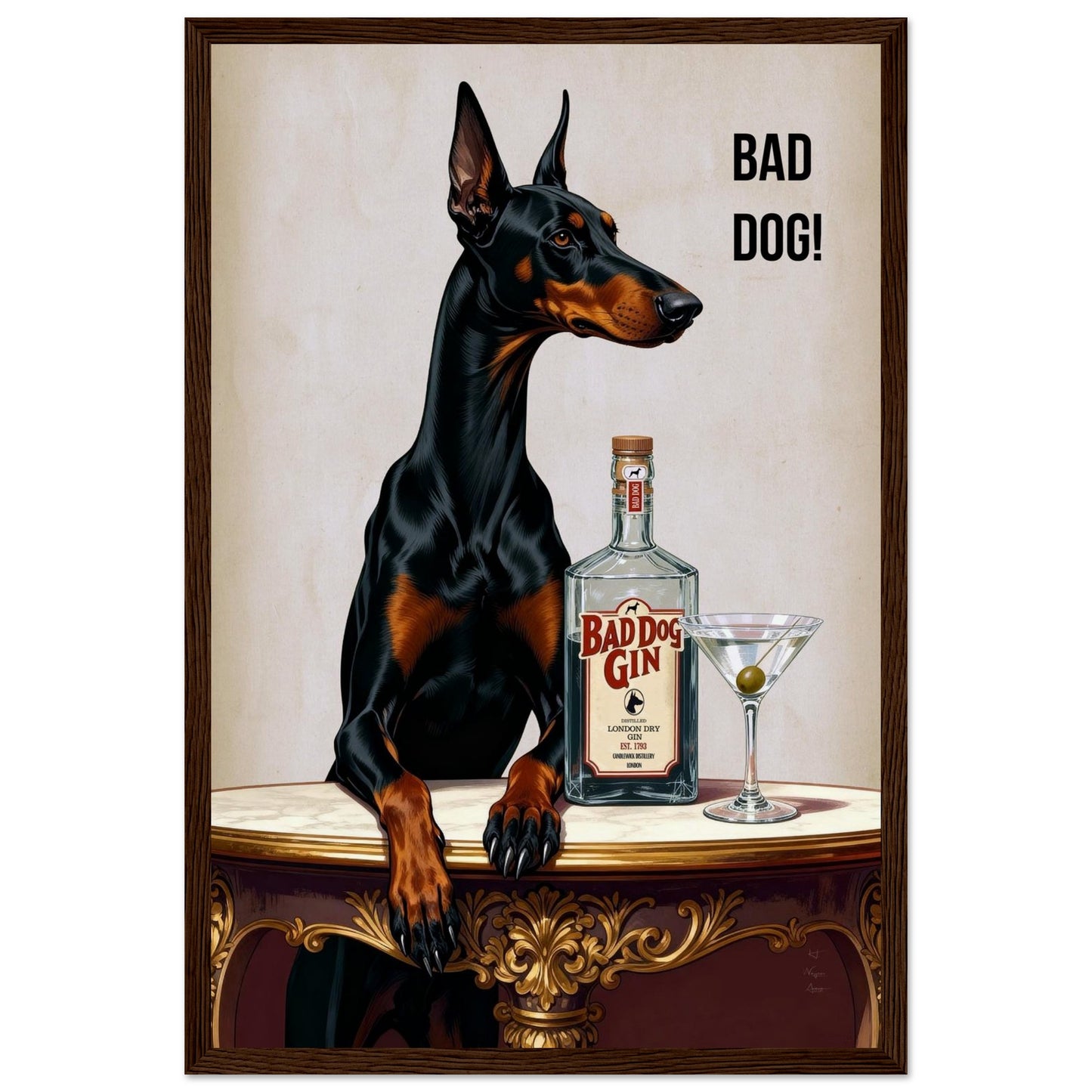 Bad Dog Gin Cocktail Bar Art Print 30x45 cm 12x18″ Museum-Quality Matte Framed Poster Dark Brown Wood Frame