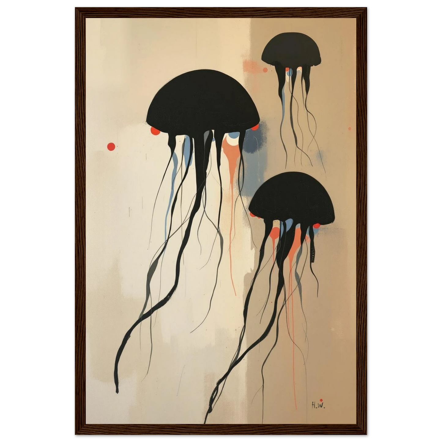 Minimalist Abstract Floating Jellyfish Art Print Dark Brown Wood Frame 30x45 cm 12x18″ Premium Matte Paper Wooden Framed Poster