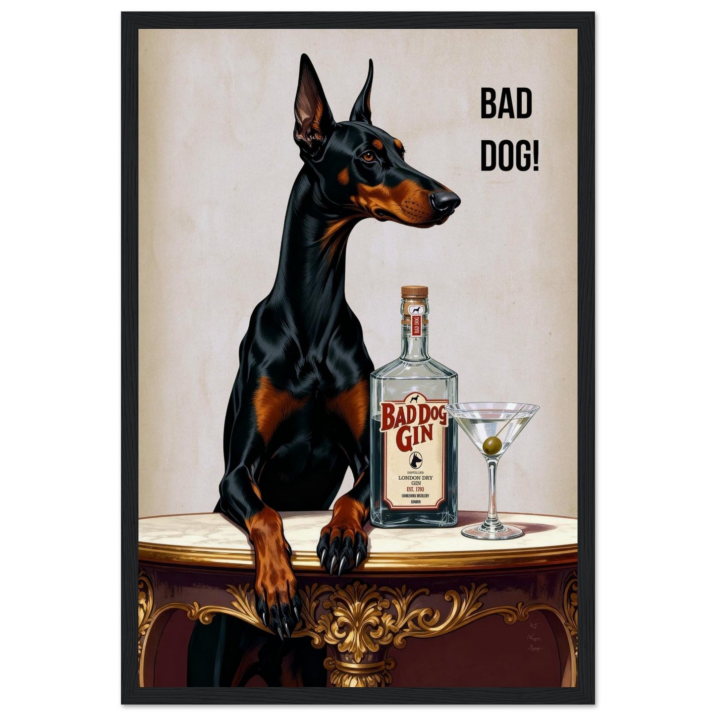Bad Dog Gin Cocktail Bar Art Print 30x45 cm 12x18″ Museum-Quality Matte Framed Poster Black Wood Frame
