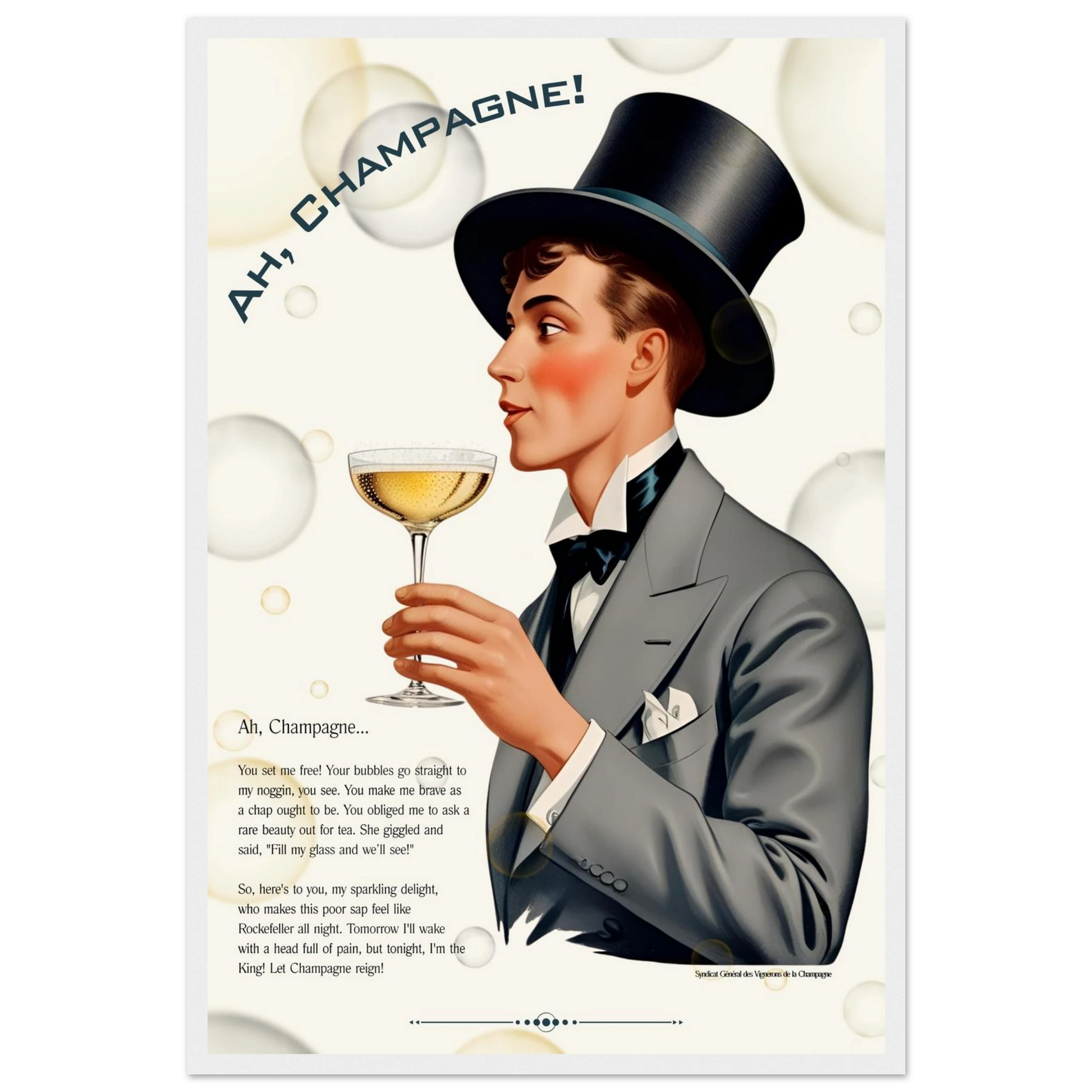 Art Deco Champagne Funny Poem Art Print 40x60 cm 16x24″ Premium Matte Paper Wooden Framed Poster White frame