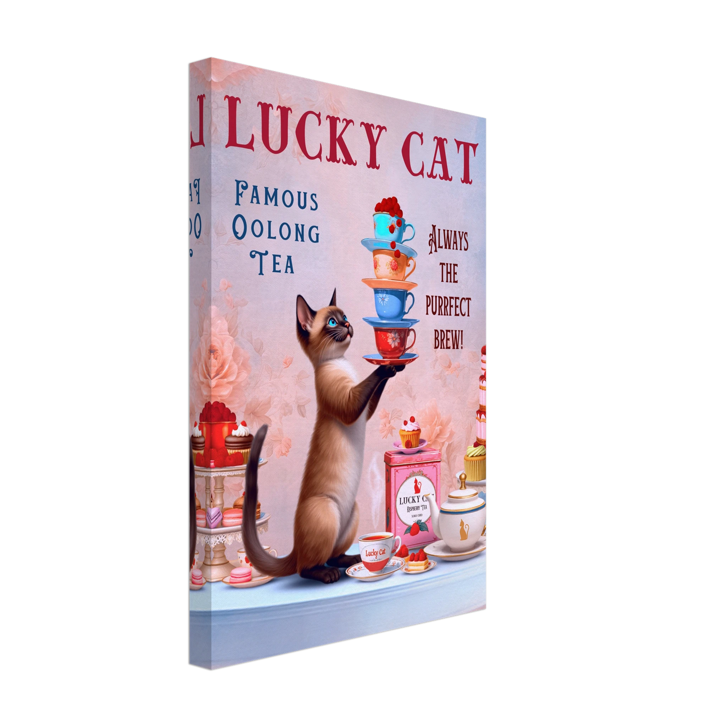 Siamese Lucky Cat Vintage Tea Art Print 30x45 cm 12x18″ Gallery Wrapped Canvas No Frame