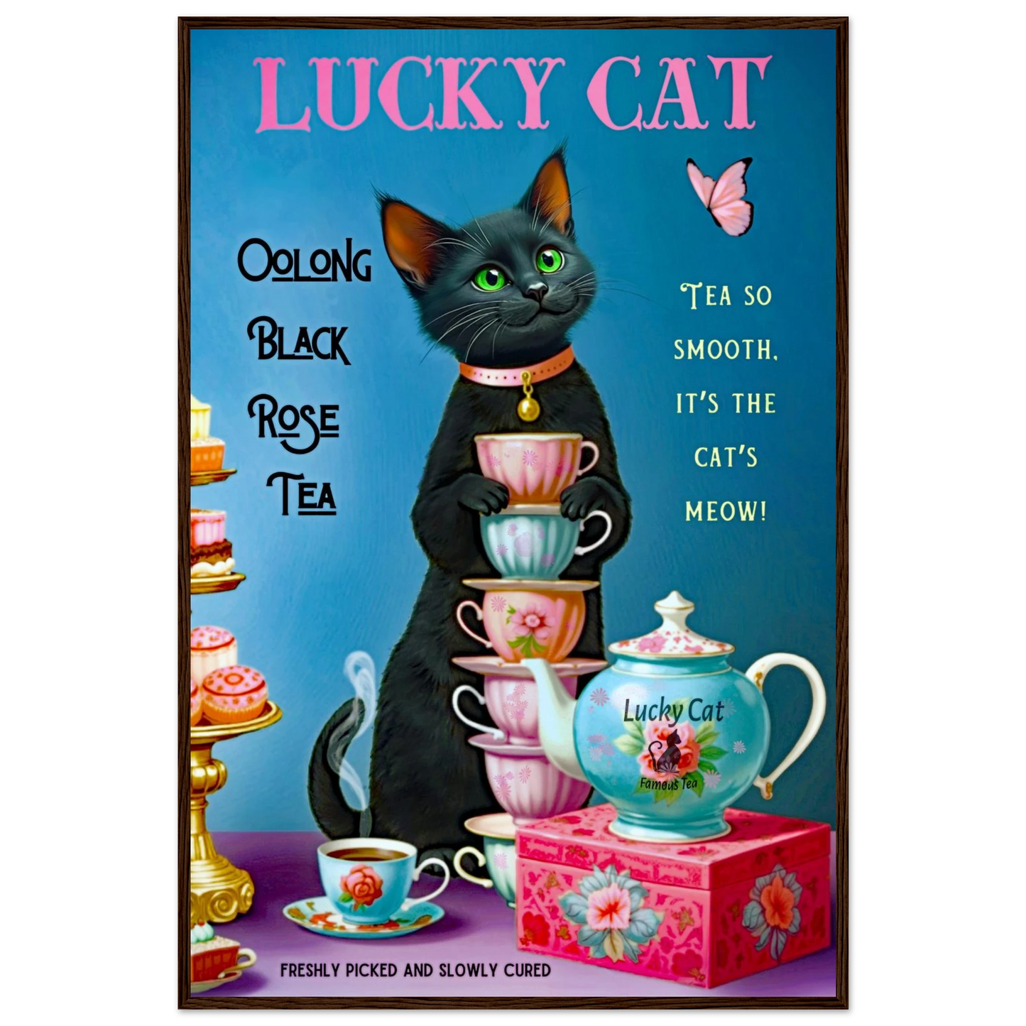Lucky Cat Vintage Oolong Tea Art Print 60x90 cm 24x36″ Premium Matte Paper Wooden Framed Poster Dark Brown Wood Frame