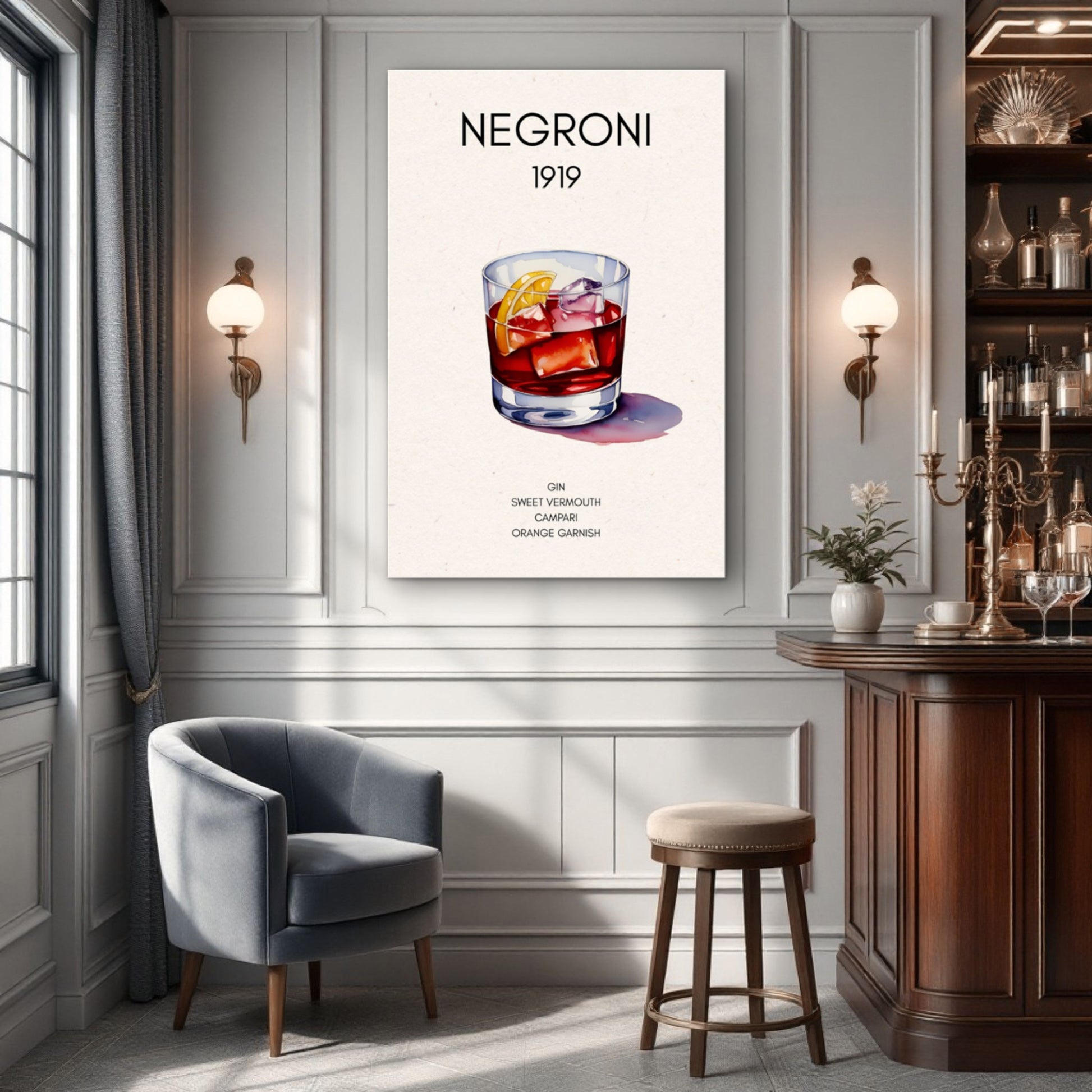 Negroni Cocktail Bar Poster Print Dark Brown Wood Frame 60x90 cm 24x36″ Classic Matte Paper Wooden Framed Poster