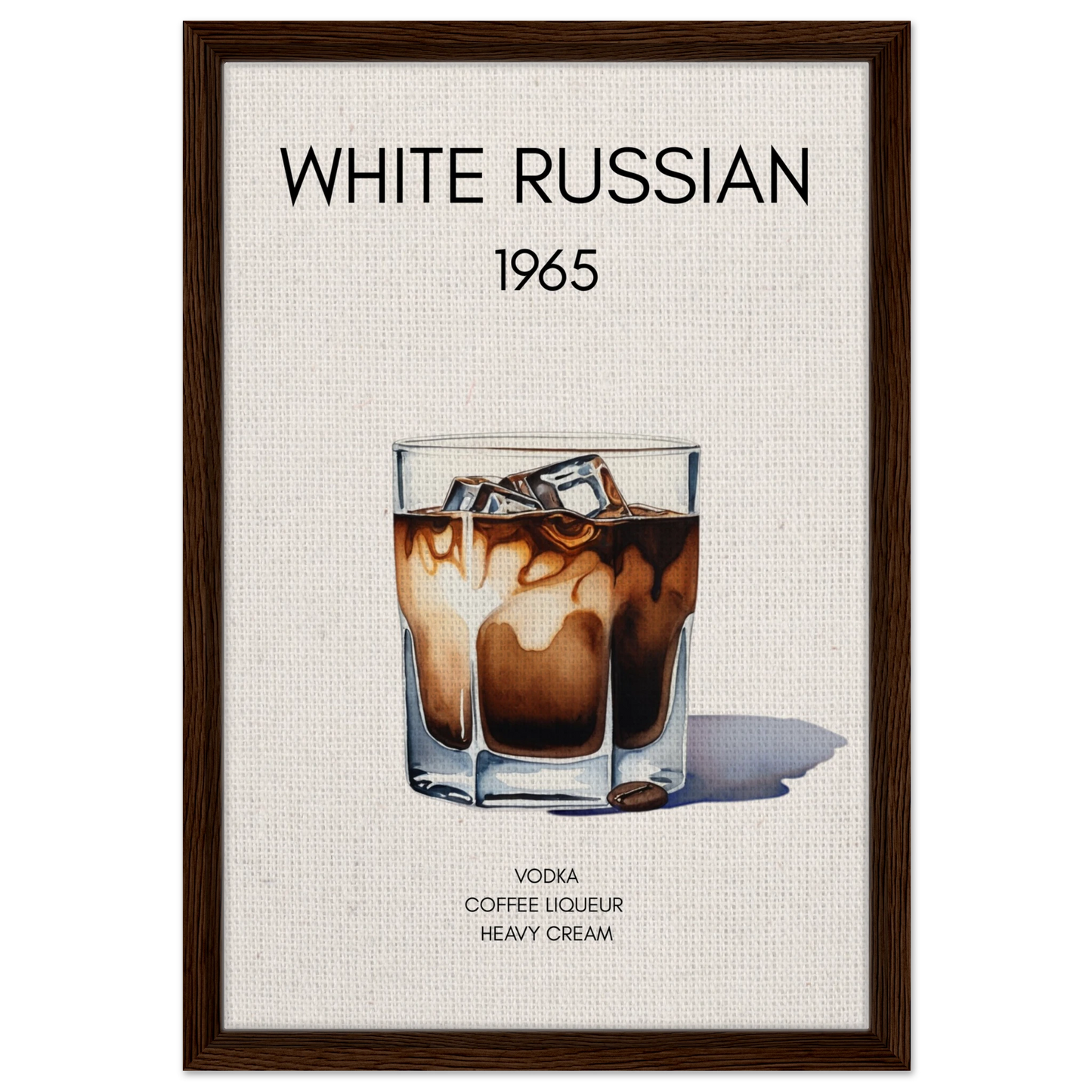 White Russian Cocktail Bar Art Poster Print Dark Brown Wood Frame 40x60 cm 16x24″ Framed Canvas