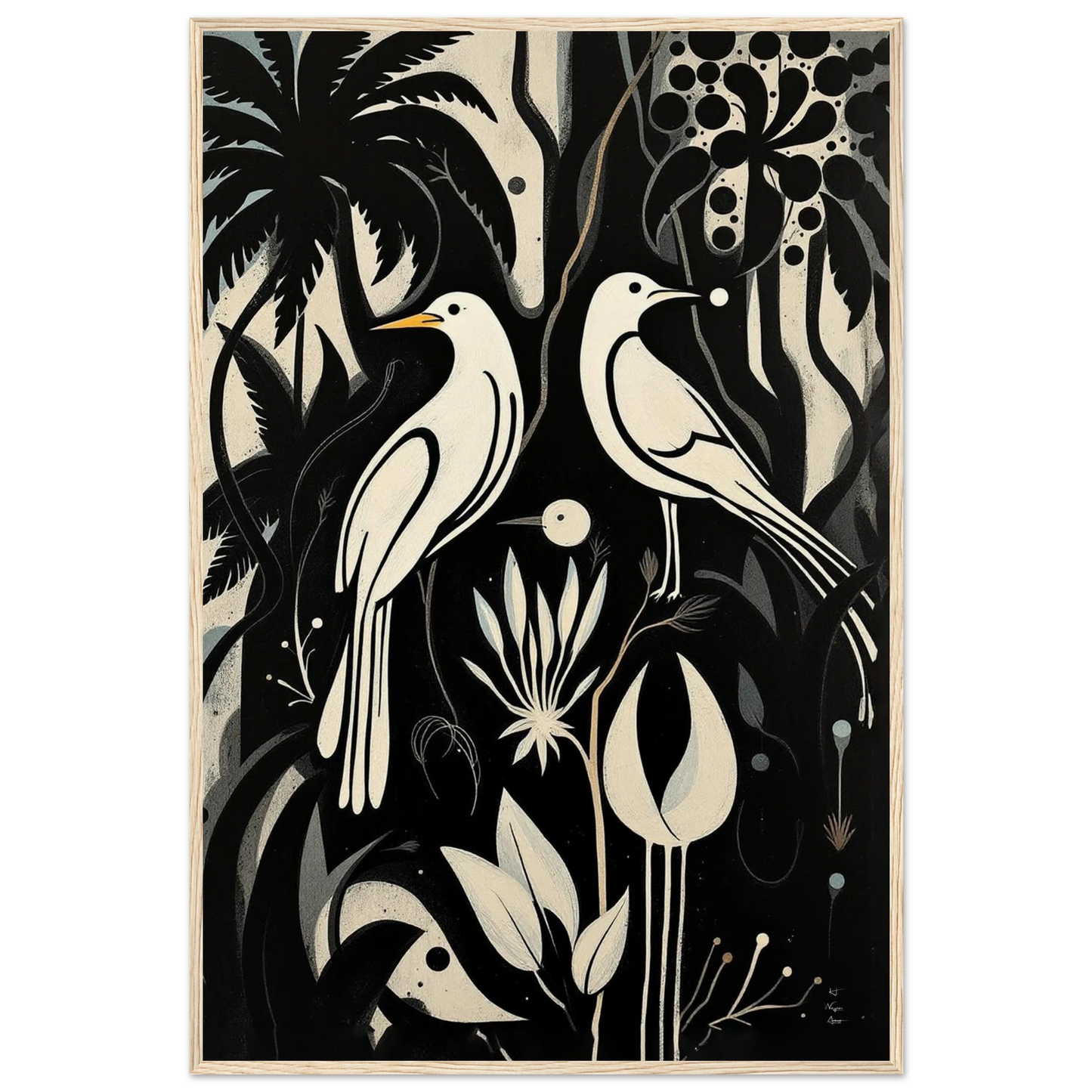 Black & White Minimalist Bird Art Print Light Wood Frame 60x90 cm 24x36″ Museum-Quality Matte Paper Wooden Framed Poster