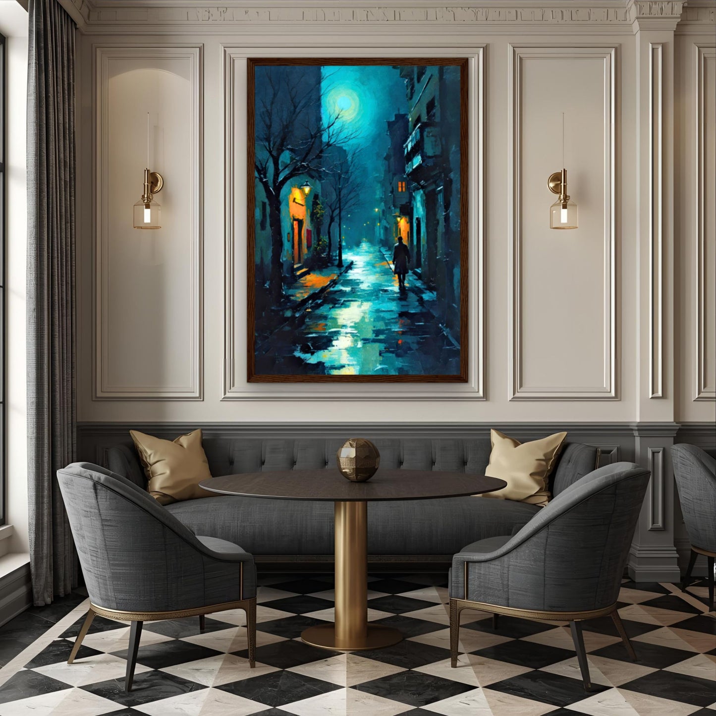 Blue Moon Night Street Scene Art Print