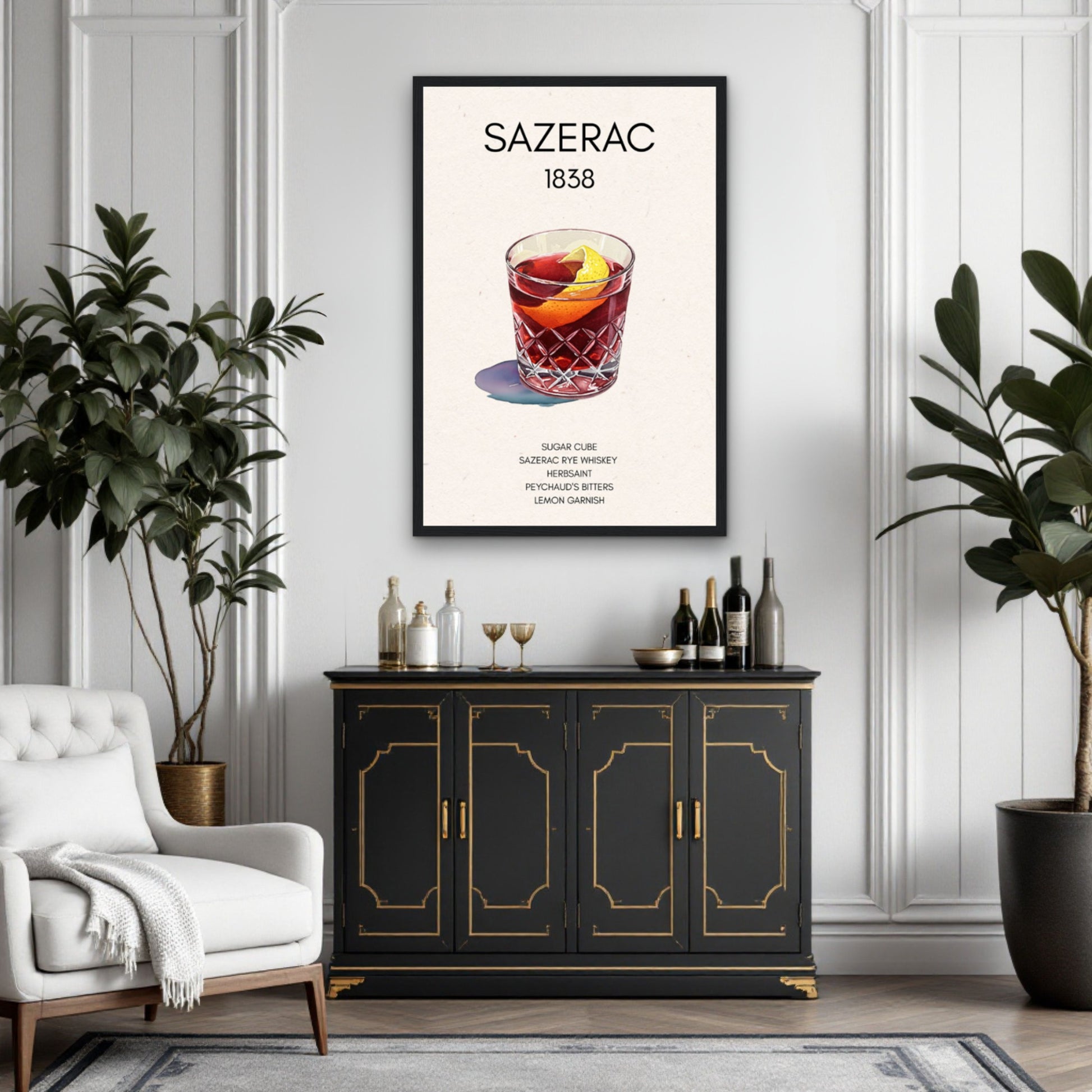 Sazerac Cocktail Bar Poster Print Black Wood Frame 30x45 cm 12x18″ Premium Matte Paper Wooden Framed Poster