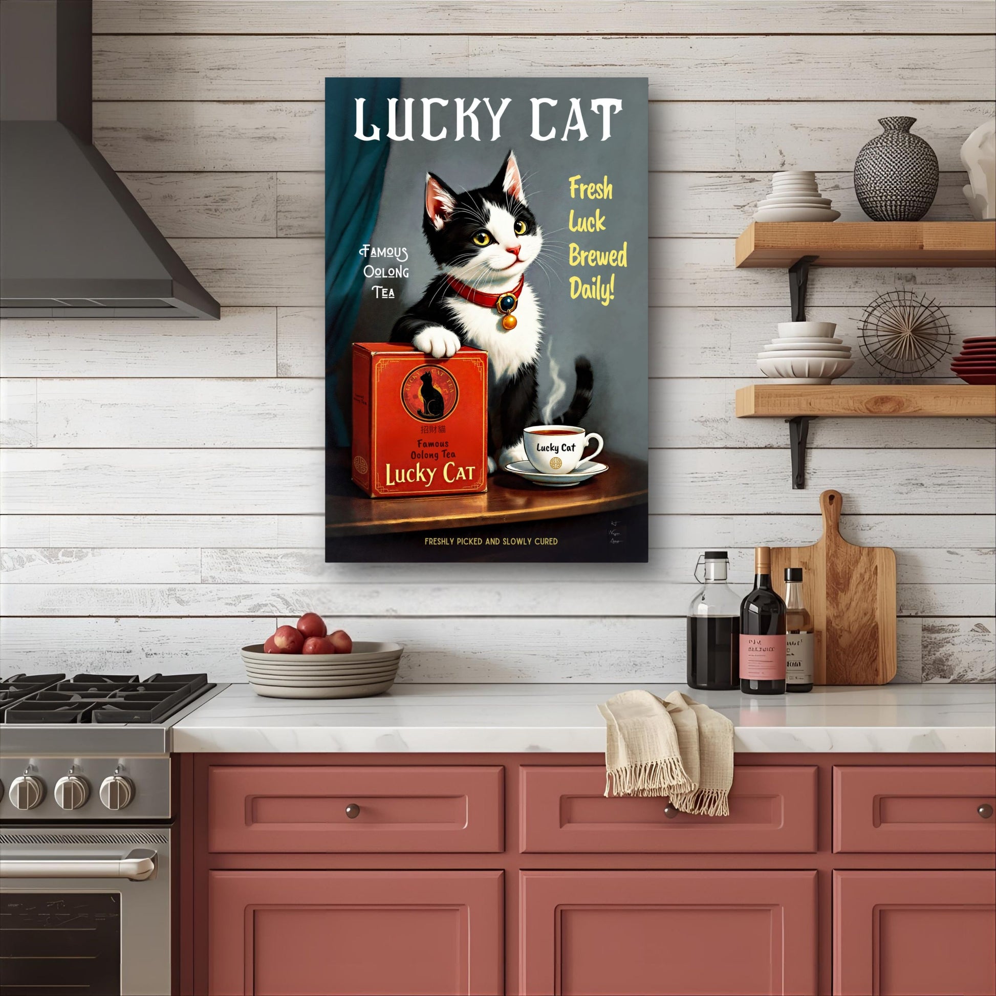 Lucky Tuxedo Cat Tea Kitchen Art Print