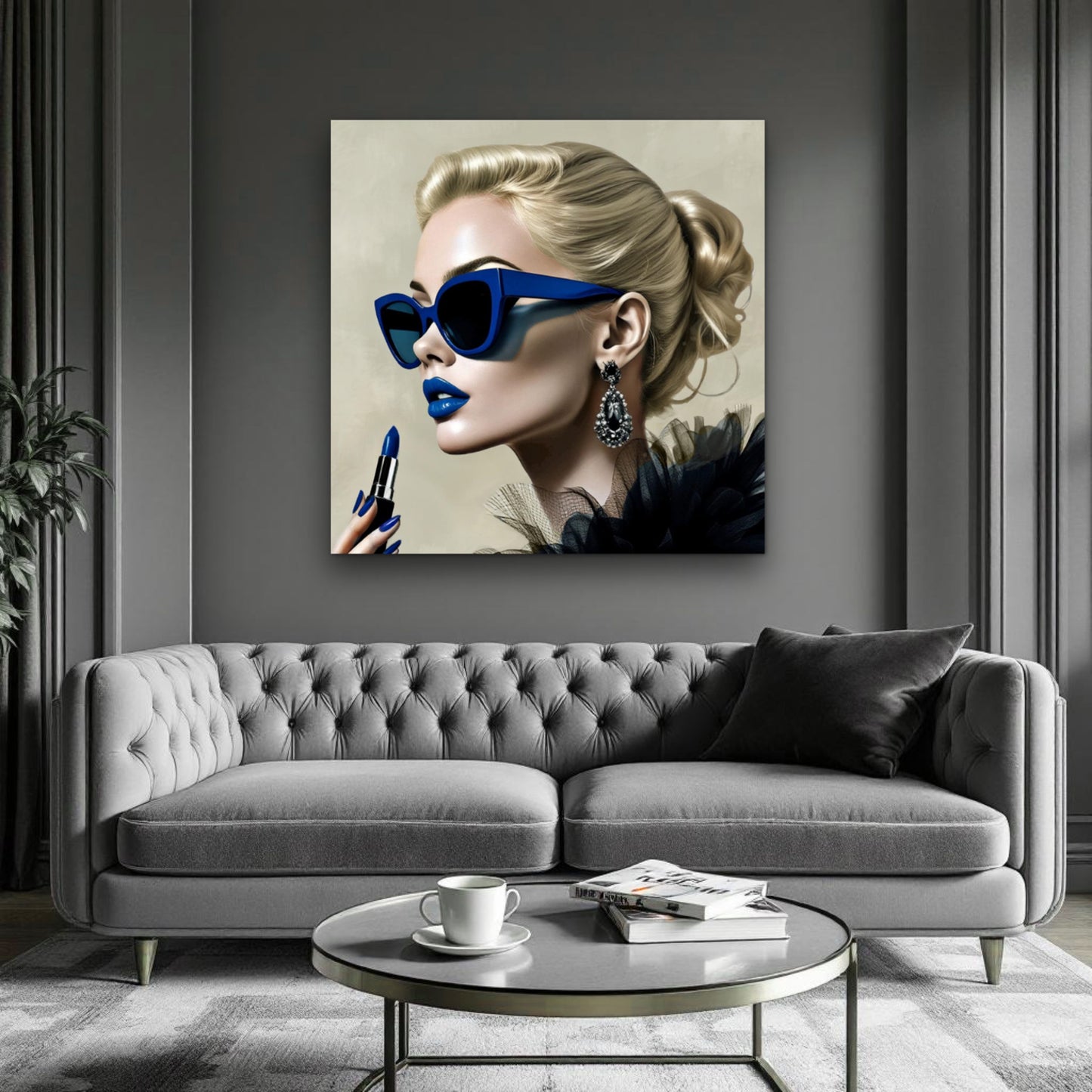 Retro Fashion Model Blue Lipstick Art Print 45x45 cm 18x18″ Premium Matte Paper Poster